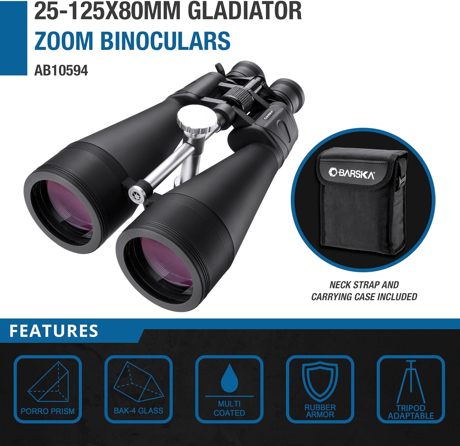 Barska Gladiator Zoom Binoculars with Tripod Adaptor for Astronomy, Birding, Sports, Long Range Viewing, etc