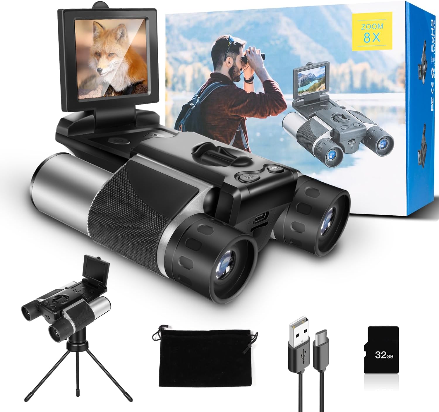 Digital Binocular with Camera 10x Optical Zoom 8X Digital Zoom, 2 LCD Display 40MP Camera 2.5K Videos Ideal for Concerts, Bird Watching, and Outdoor Adventures with 32GB SD Card