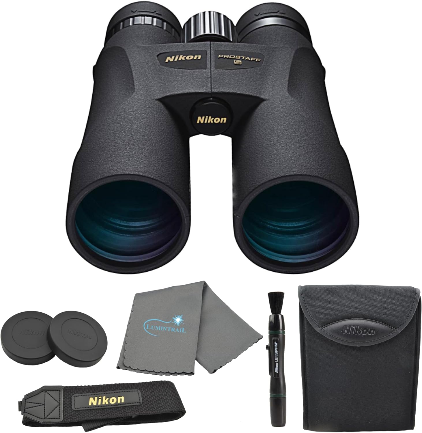 Nikon PROSTAFF 5 10x50 (7572) Black Binoculars Bundle with Lens Pen and Cleaning Cloth, Compact Binoculars for Adults for Hunting, Bird Watching, and Hiking Essentials, Zoom Optics Lightweight Travel