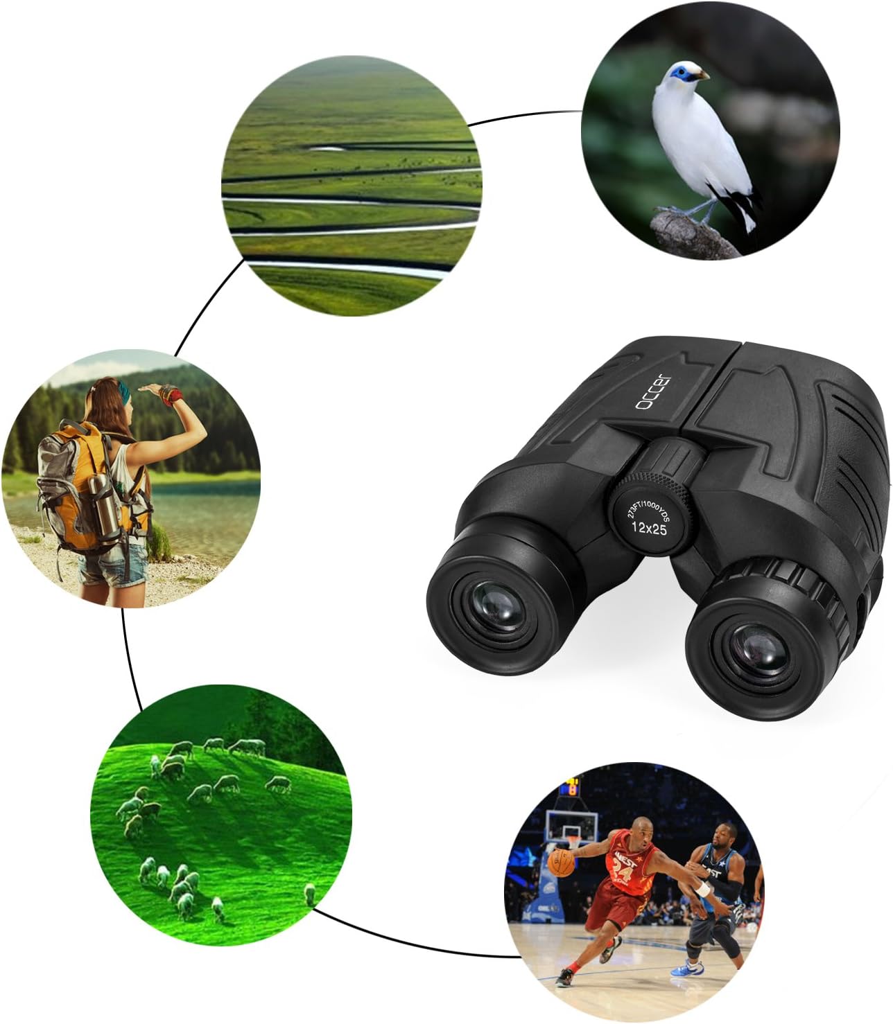 Occer 12x25 Compact Binoculars for Adults and Kids - Large Eyepiece Waterproof Binoculars for Bird Watching - High Powered Easy Focus Binoculars with Low Light Vision for Outdoor Hunting Travel