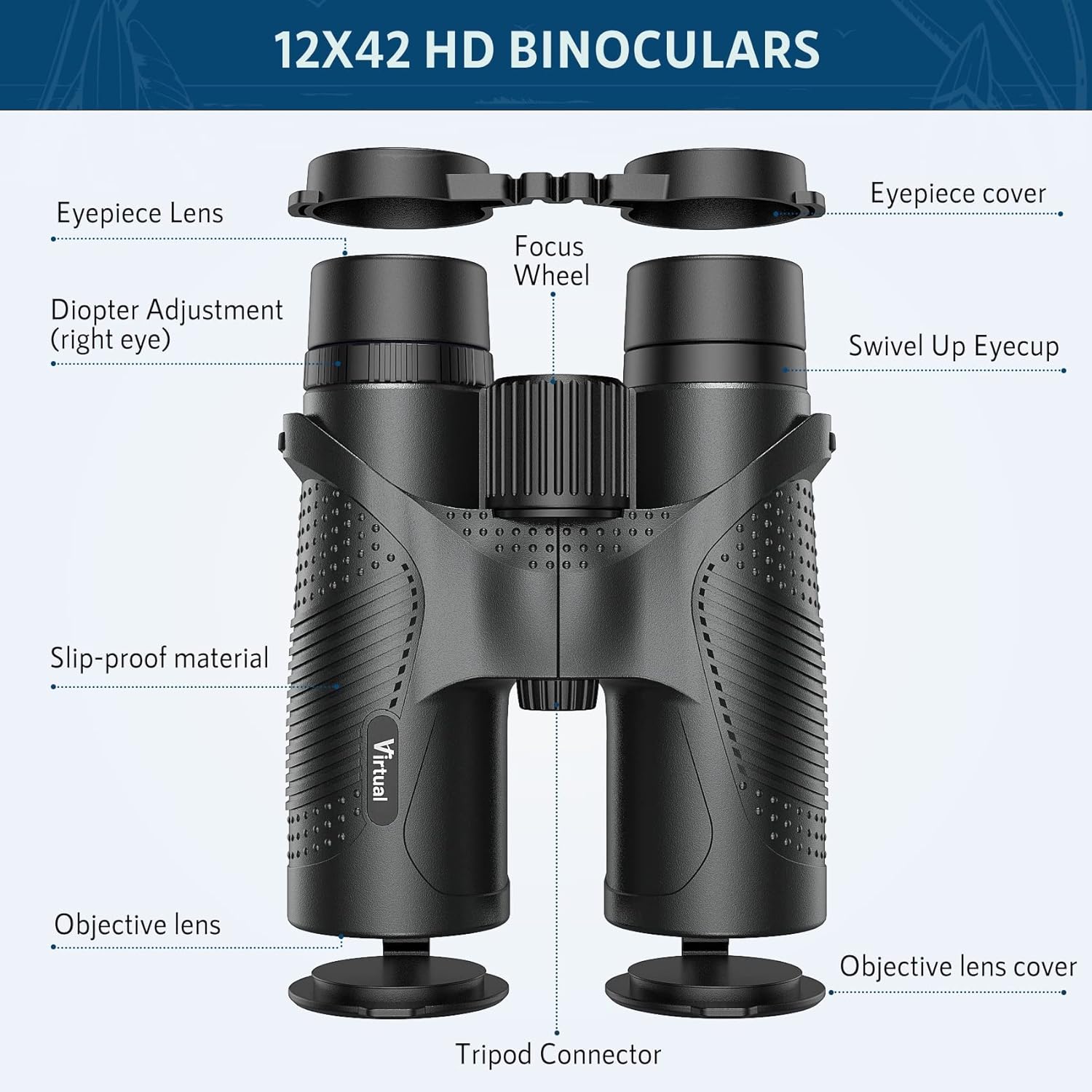 12X42 HD Binoculars for Adults, Virtual High Power Binoculars with BaK4 Prisms FMC Lens, IPX7 Waterproof Binoculars with Phone Adapter Binoculars for Bird Watching, Hunting, Hiking, Travel, Concert