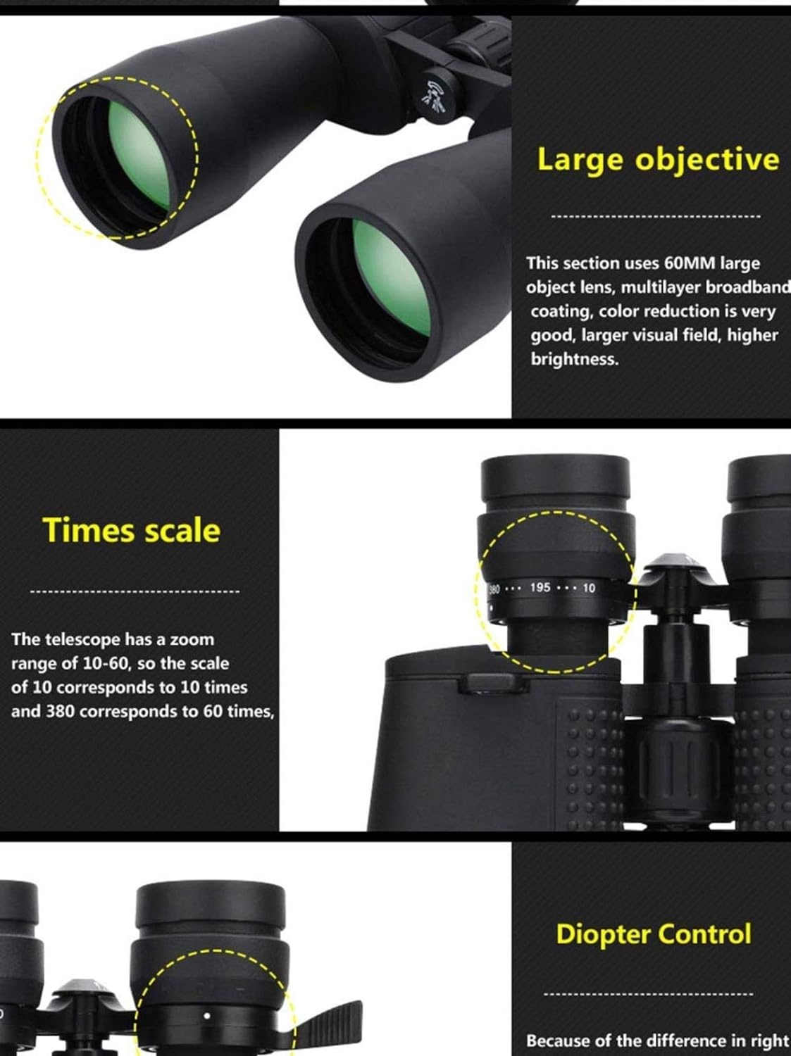 380X100 High Magnification HD Long Range Zoom 10-60 Times Telescope Wide Angle Binoculars