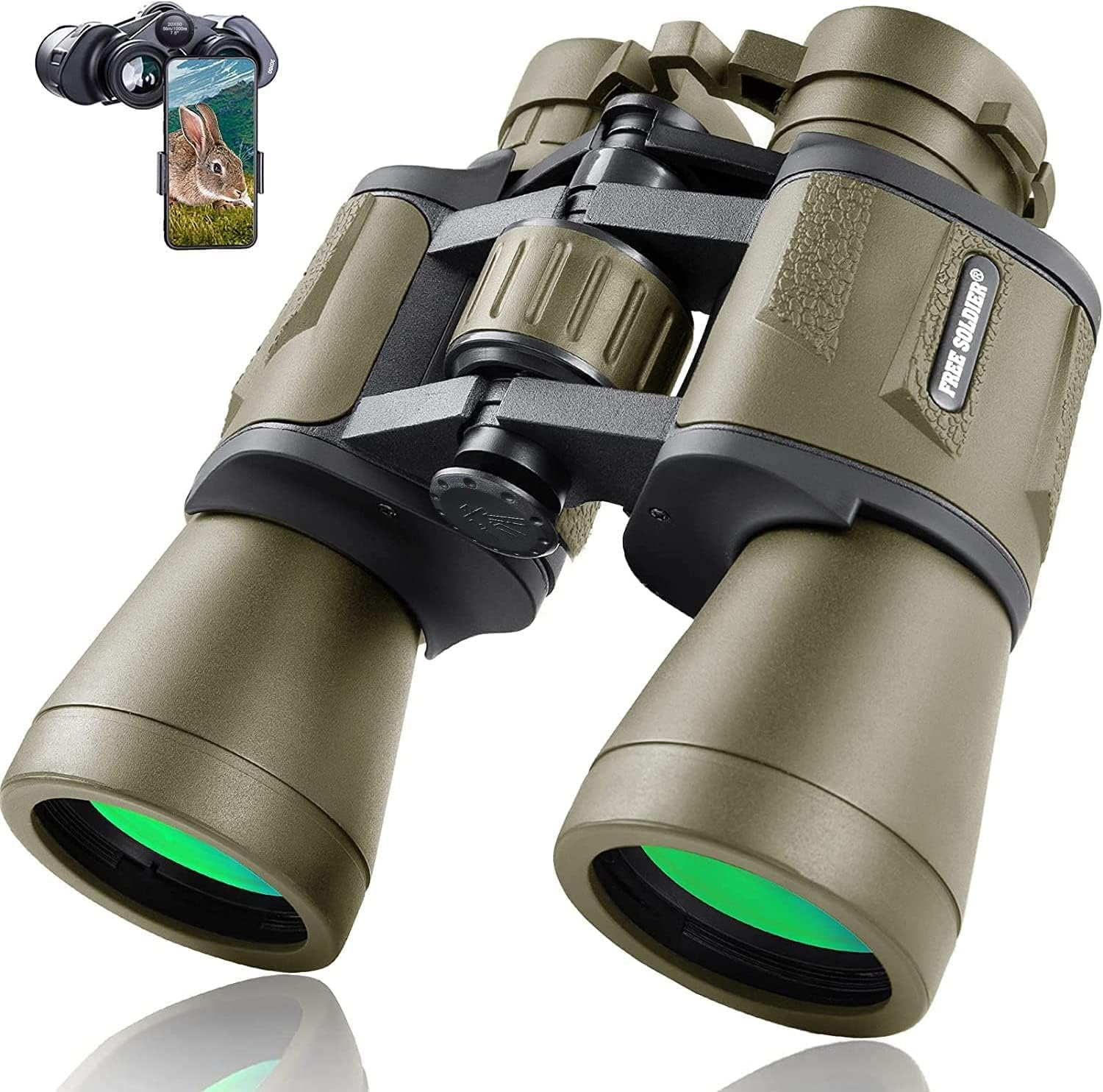 FREE SOLDIER 20x50 Military Binoculars for Adults with Smartphone Adapter - Compact Waterproof Tactical Binoculars for Bird Watching Hunting Hiking Concert Travel Theater with BAK4 Prism FMC Lens, Mud