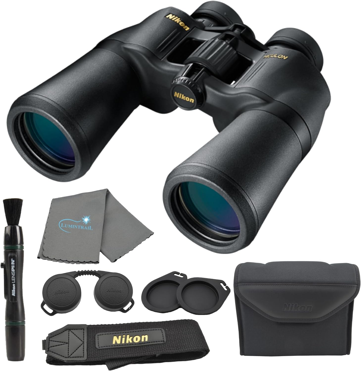 Nikon Aculon A211 10-22x50 Binoculars (8252) Black Bundle with Tripod Adapter, Nikon Lens Pen, Carry Case, Neck Strap, and Lens Cloth Compact for Adults for Bird Watching, Hunting, and Sporting