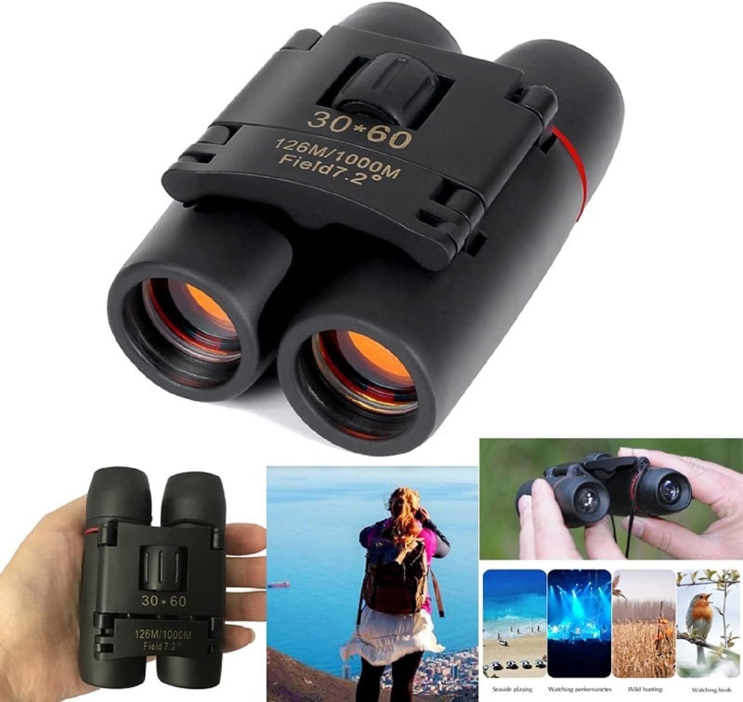 Portable Mini Binoculars,30x60 Zoom Wide View Angle Folding Binoculars Telescope with Low Light Night Vision for Outdoor Bird Watching Camping Hiking Traveling