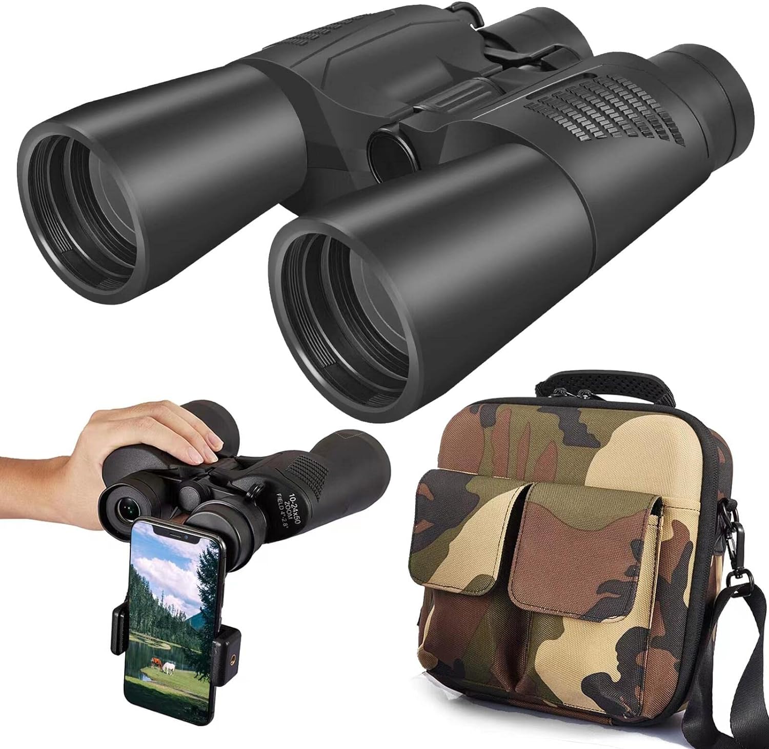 Zoom Binoculars for Adults,10-24x50 Binoculars with Smartphone Adapter, Compact Waterproof Binoculars for Bird Watching Hunting Travel Football Games Stargazing with Carrying Case and Strap