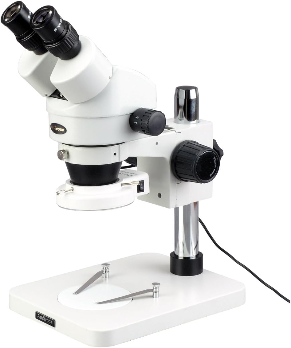 AmScope SM-1BSX-64S Professional Binocular Stereo Zoom Microscope, WH10x Eyepieces, 3.5X-45X Magnification, 0.7X-4.5X Zoom Objective, 64-Bulb LED Ring Light, Pillar Stand, Includes 0.5x Barlow Lens