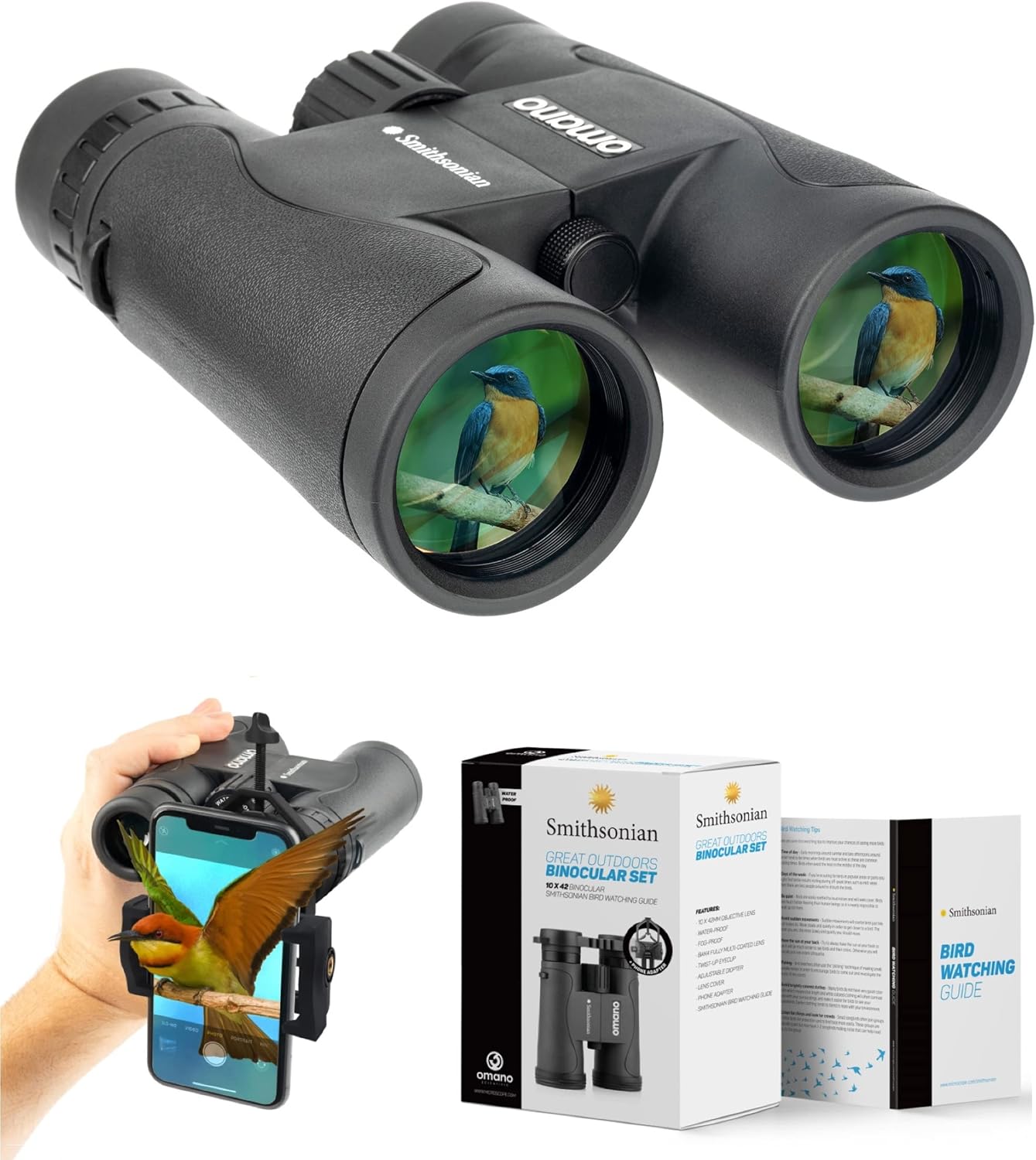 Bird Watching Binoculars for Adults by Smithsonian – 10x42 Binoculars for Bird Watching, Hiking, Travel – Birding Binoculars with Phone Adapter, Adjustable Diopter – Bird Watching Guide Included