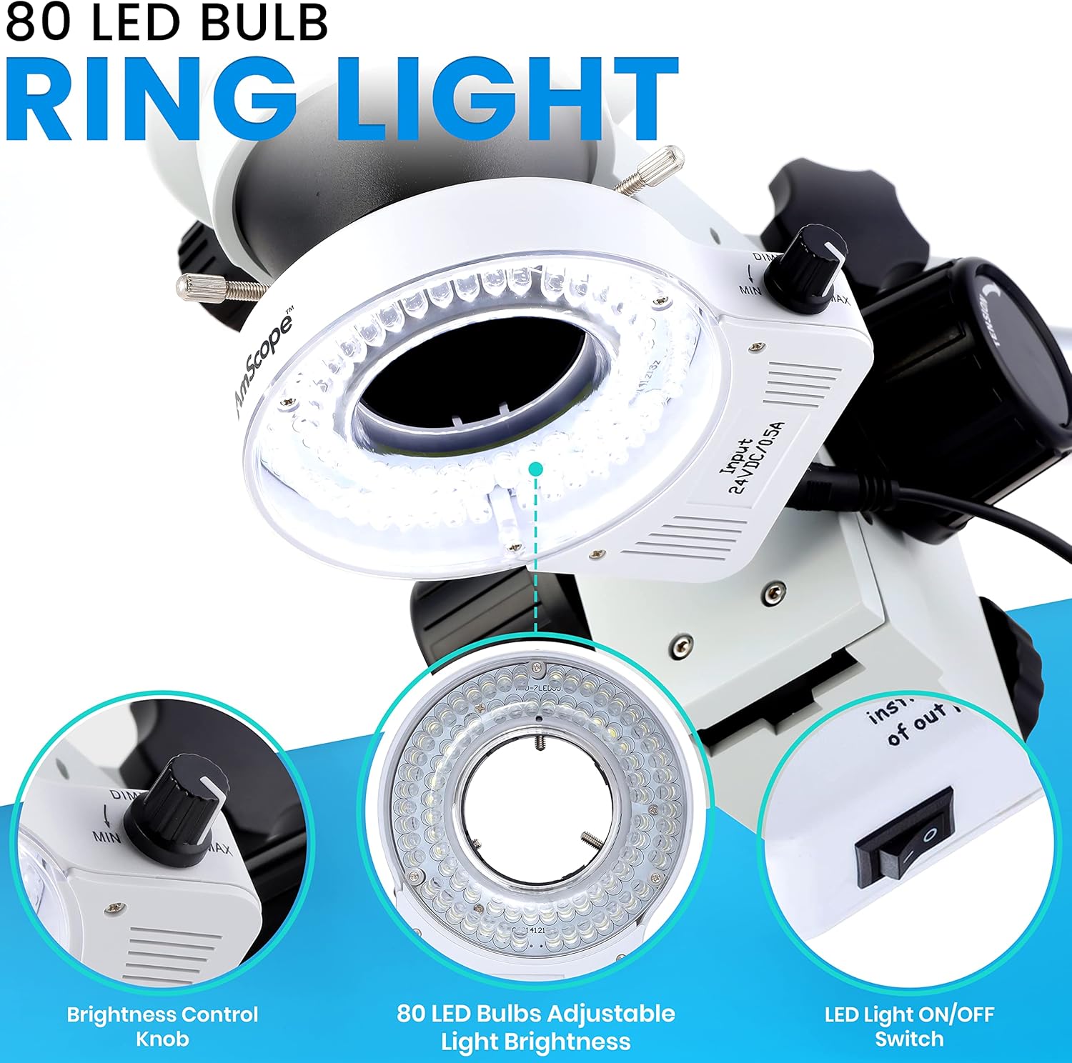 AmScope SM-3BX-80S Professional Binocular Stereo Zoom Microscope, WH10x Eyepieces, 3.5X-45X Magnification, 0.7X-4.5X Zoom Objective, 80-Bulb LED Ring Light, Single-Arm Boom Stand, 90V-265V, Includes 0.5x Barlow Lens