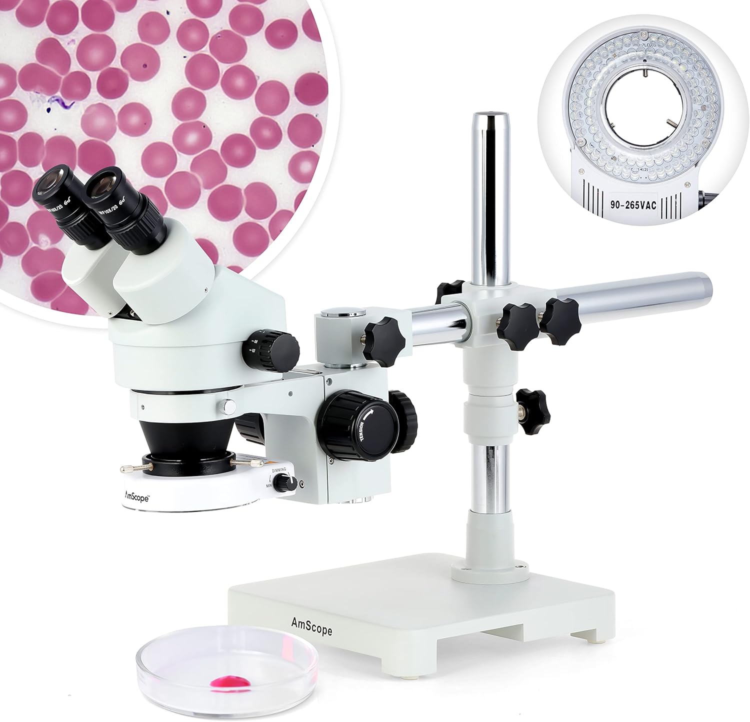 AmScope SM-3BX-80S Professional Binocular Stereo Zoom Microscope, WH10x Eyepieces, 3.5X-45X Magnification, 0.7X-4.5X Zoom Objective, 80-Bulb LED Ring Light, Single-Arm Boom Stand, 90V-265V, Includes 0.5x Barlow Lens