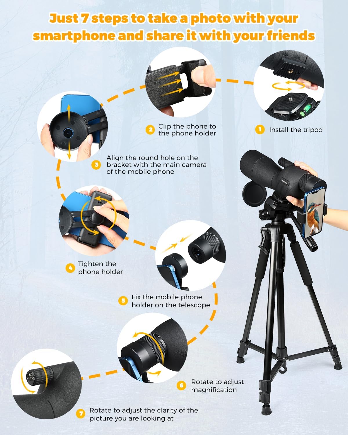 25-75x80 Spotting Scope with 6.6ft Extendable Tripod, HD Optics, Waterproof, BAK4 Prism