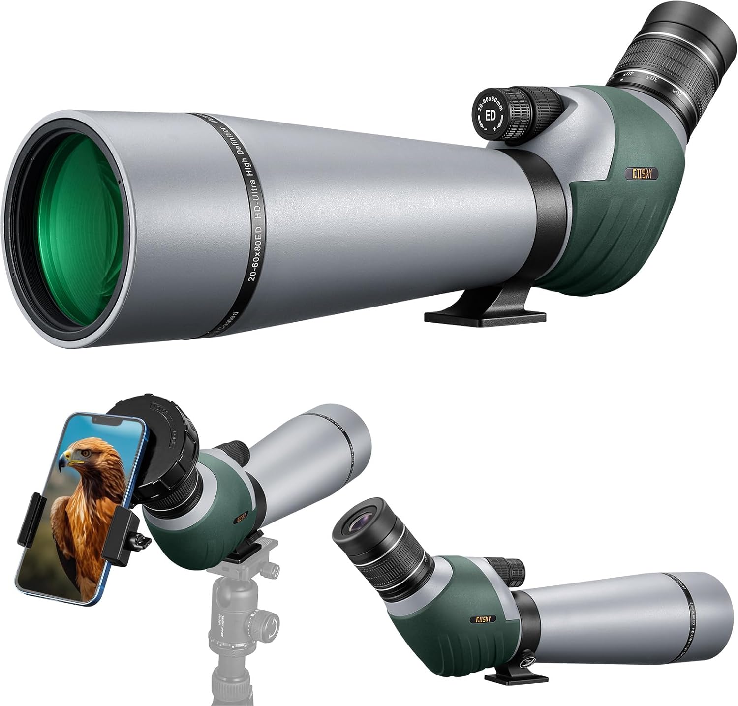 Gosky 20-60x80 Dual Focusing ED Spotting Scope - Ultra High Definition Optics Scope with Carrying Case and Smartphone Adapter for Target Shooting Hunting Bird Watching Wildlife Astronomy Scenery