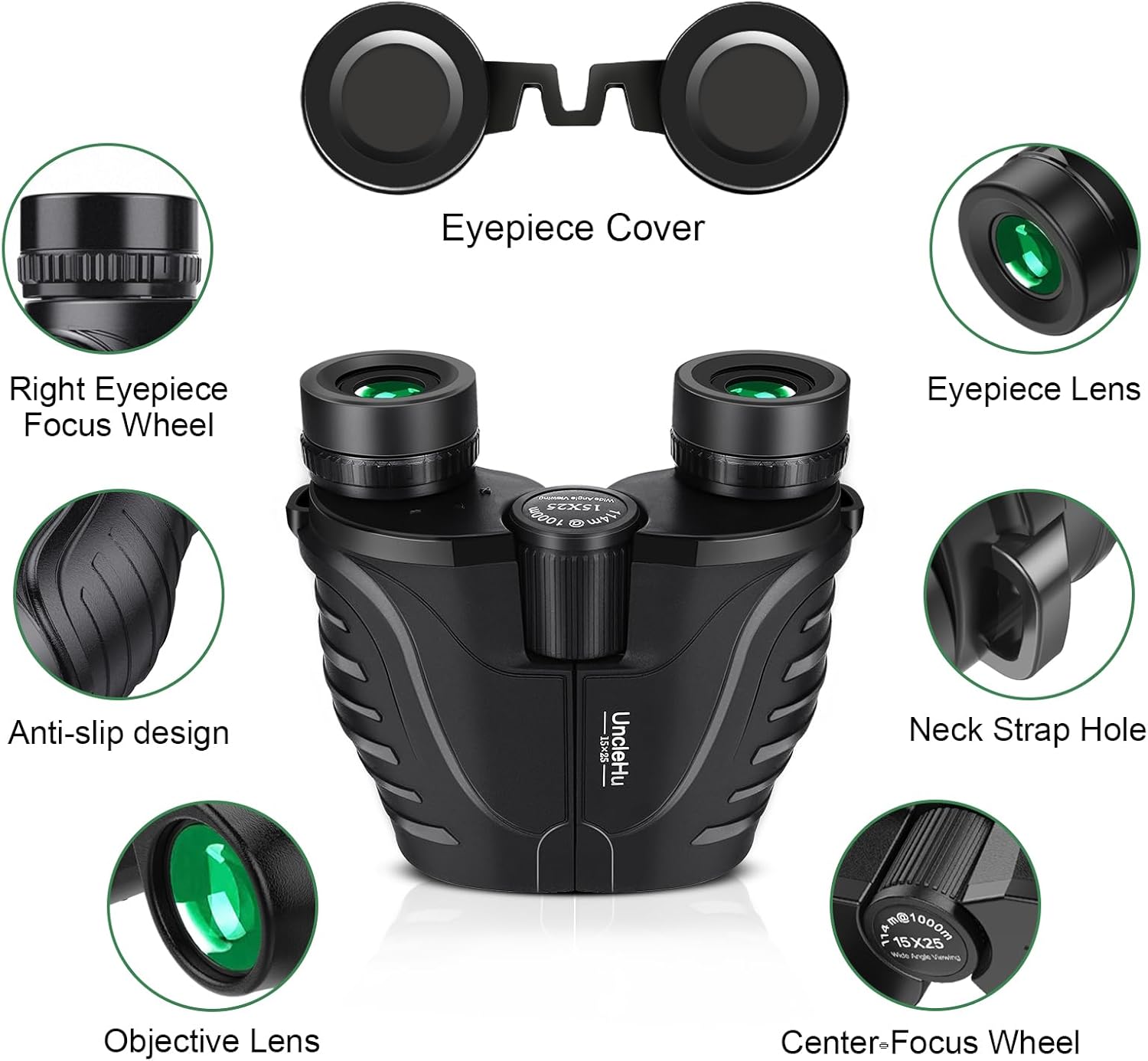 UncleHu 15x25 Compact Binoculars for Kids and Adults, Small High Power Binoculars with Large Eyepiece and Clear Vision for Bird Watching Hunting Travel Outdoor Sports with Carrying Case and Neck Strap