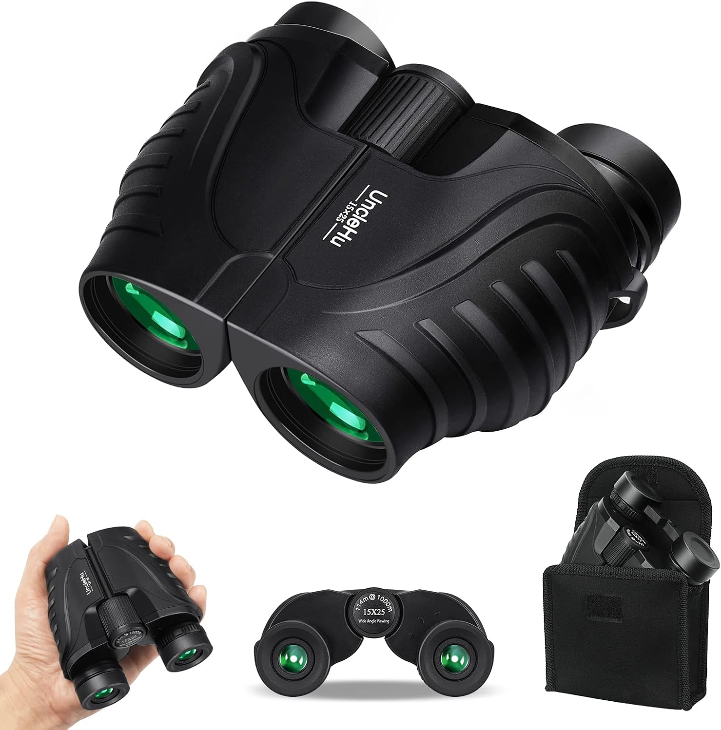 UncleHu 15x25 Compact Binoculars for Kids and Adults, Small High Power Binoculars with Large Eyepiece and Clear Vision for Bird Watching Hunting Travel Outdoor Sports with Carrying Case and Neck Strap