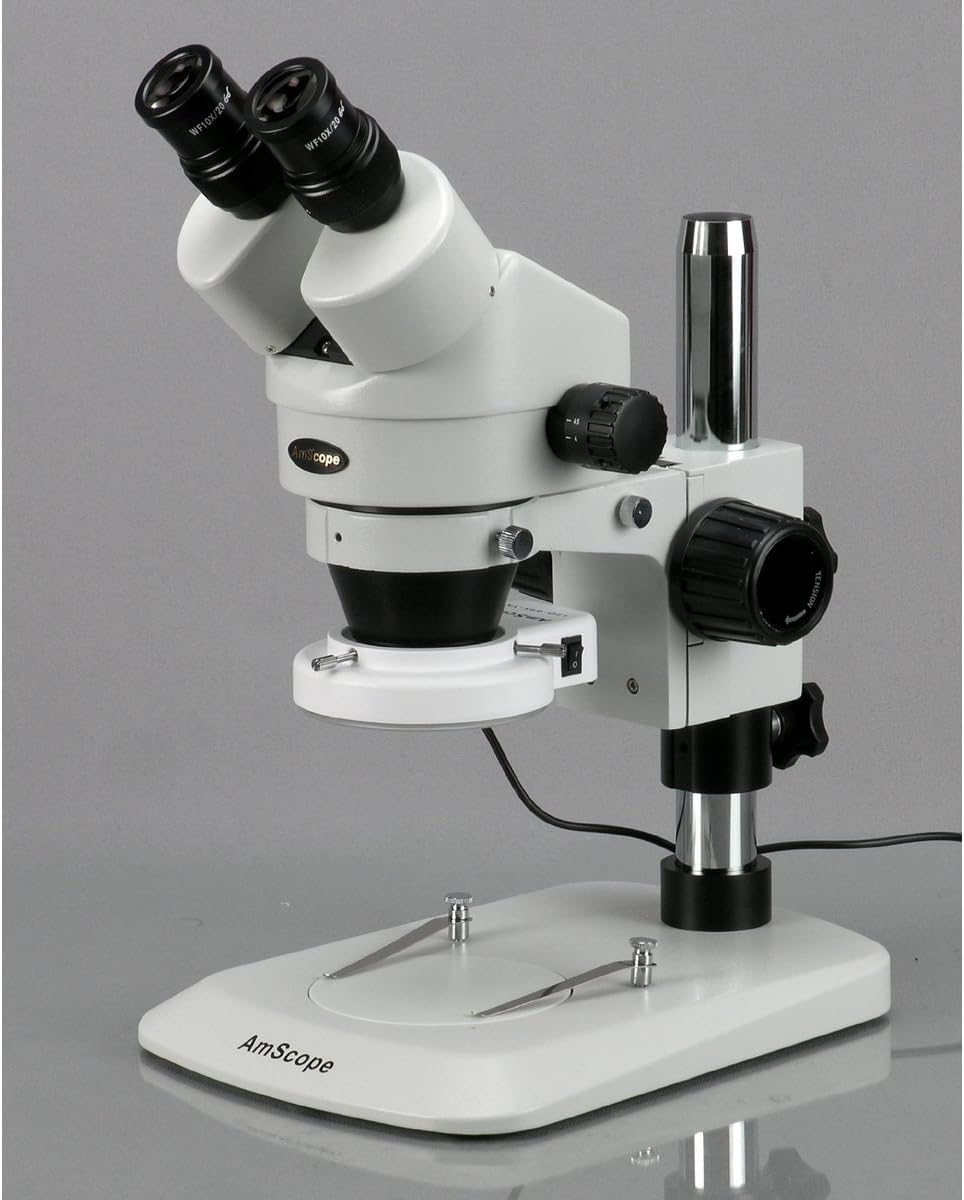 AmScope SM-1BN-64S Professional Binocular Stereo Zoom Microscope, WH10x Eyepieces, 7X-45X Magnification, 0.7X-4.5X Zoom Objective, 64-Bulb LED Ring Light, Pillar Stand, 110V-240V