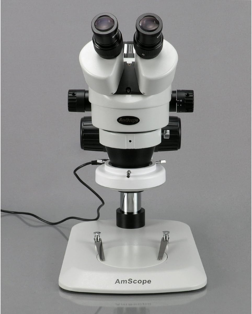 AmScope SM-1BN-64S Professional Binocular Stereo Zoom Microscope, WH10x Eyepieces, 7X-45X Magnification, 0.7X-4.5X Zoom Objective, 64-Bulb LED Ring Light, Pillar Stand, 110V-240V