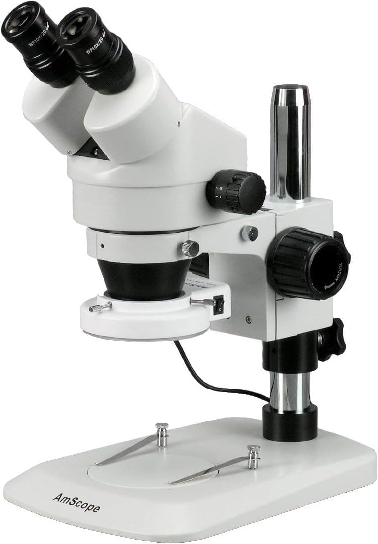 AmScope SM-1BN-64S Professional Binocular Stereo Zoom Microscope, WH10x Eyepieces, 7X-45X Magnification, 0.7X-4.5X Zoom Objective, 64-Bulb LED Ring Light, Pillar Stand, 110V-240V