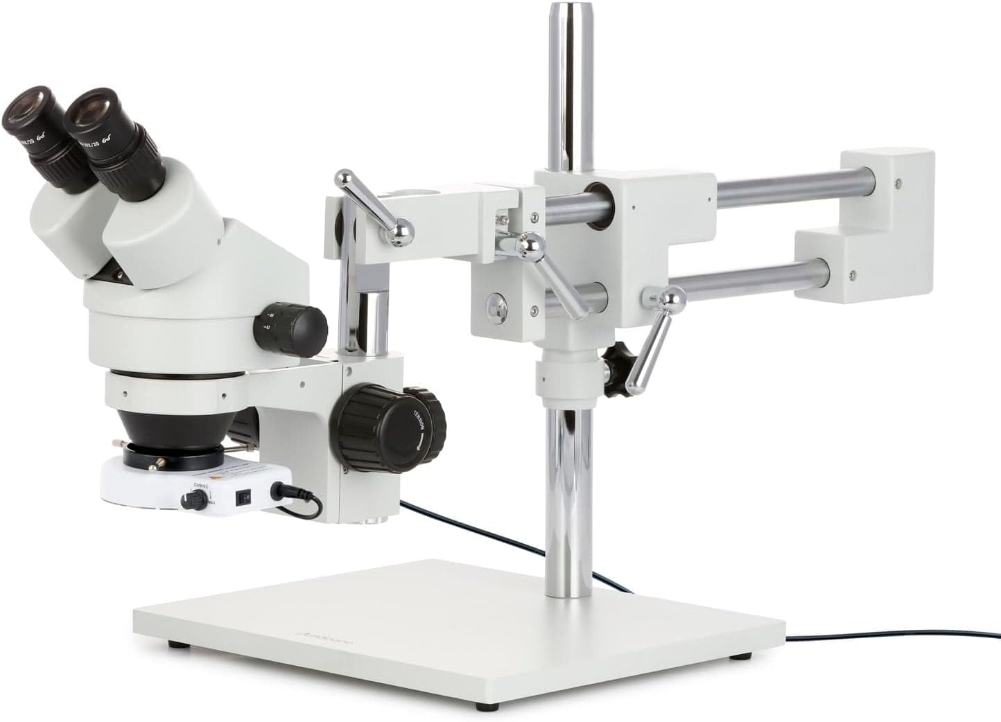 AmScope SM-4B-80S Professional Binocular Stereo Zoom Microscope, WH10x Eyepieces, 7X-45X Magnification, 0.7X-4.5X Zoom Objective, 80-Bulb LED Ring Light, Double-Arm Boom Stand, 90V-265V