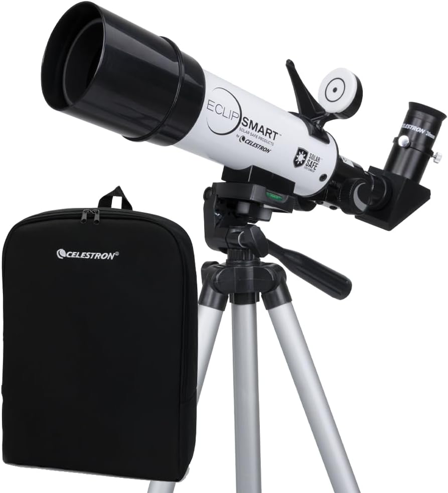 Celestron – EclipSmart Safe Solar Eclipse Telescope – 50MM Refractor – Meets ISO 12312-2:2015(E) Standards – Observe Solar Eclipses  Sunspots – Permanently Attached Solar Safe Filter  Finderscope