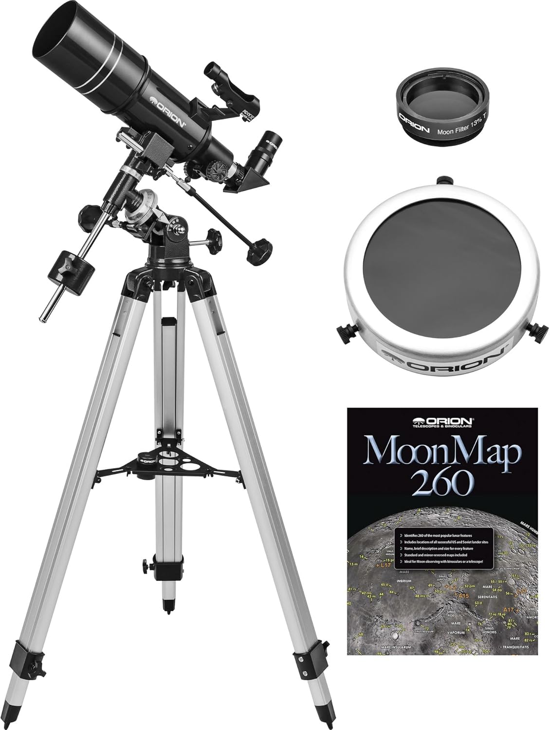 Orion Observer 80ST EQ Refractor Sun and Moon Kit with Solar (Sun) Filter and Moon Filter