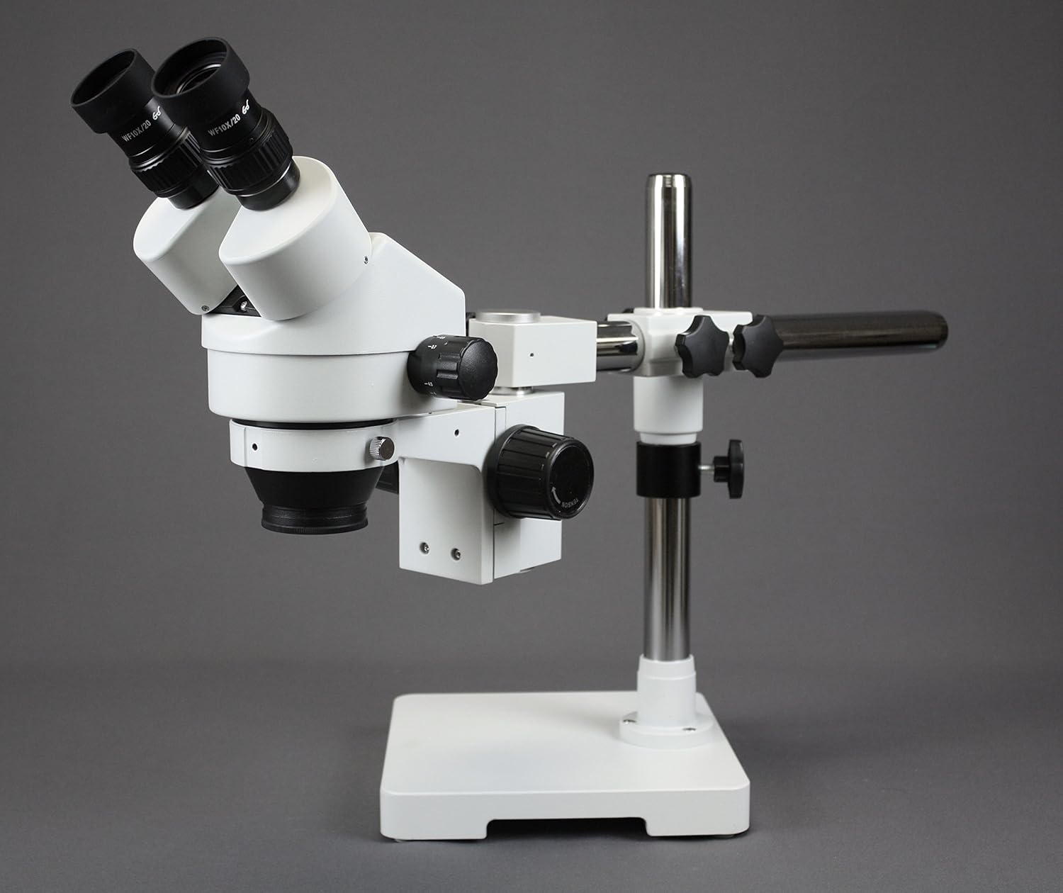 Parco Scientific Binocular Zoom Stereo Microscope, 10x Widefield Eyepiece, 0.7X—4.5X Zoom Range, 7X—45x Magnification Range, Single Arm Boom Stand, 144-LED Ring Light with Intensity Control