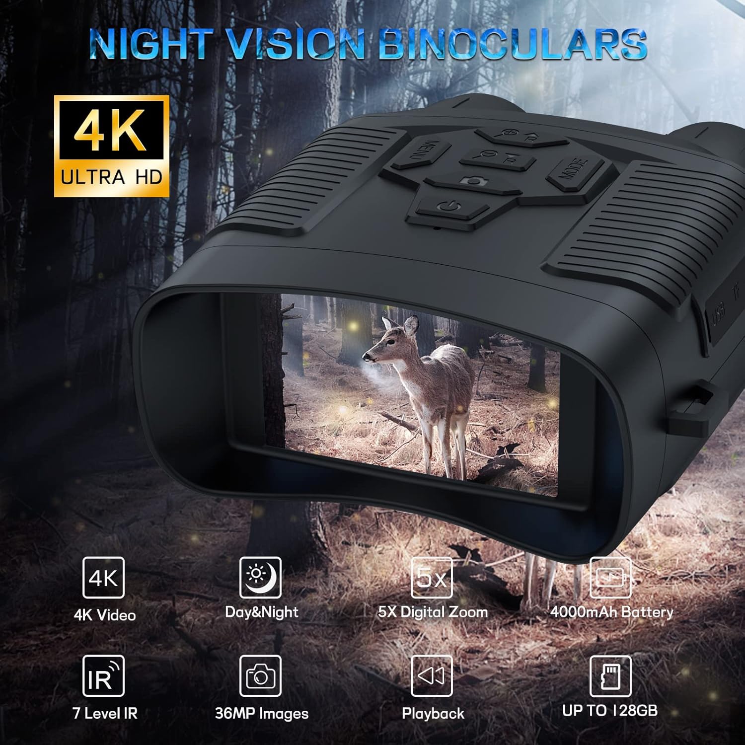 Night Vision Goggles, Profey 4K Digital Infrared Night Vision Binoculars for Adults, Night and Day, 3 Screen Rechargeable Hunting Night Vision with 7-Brightness Level, Include 32GB TF Card
