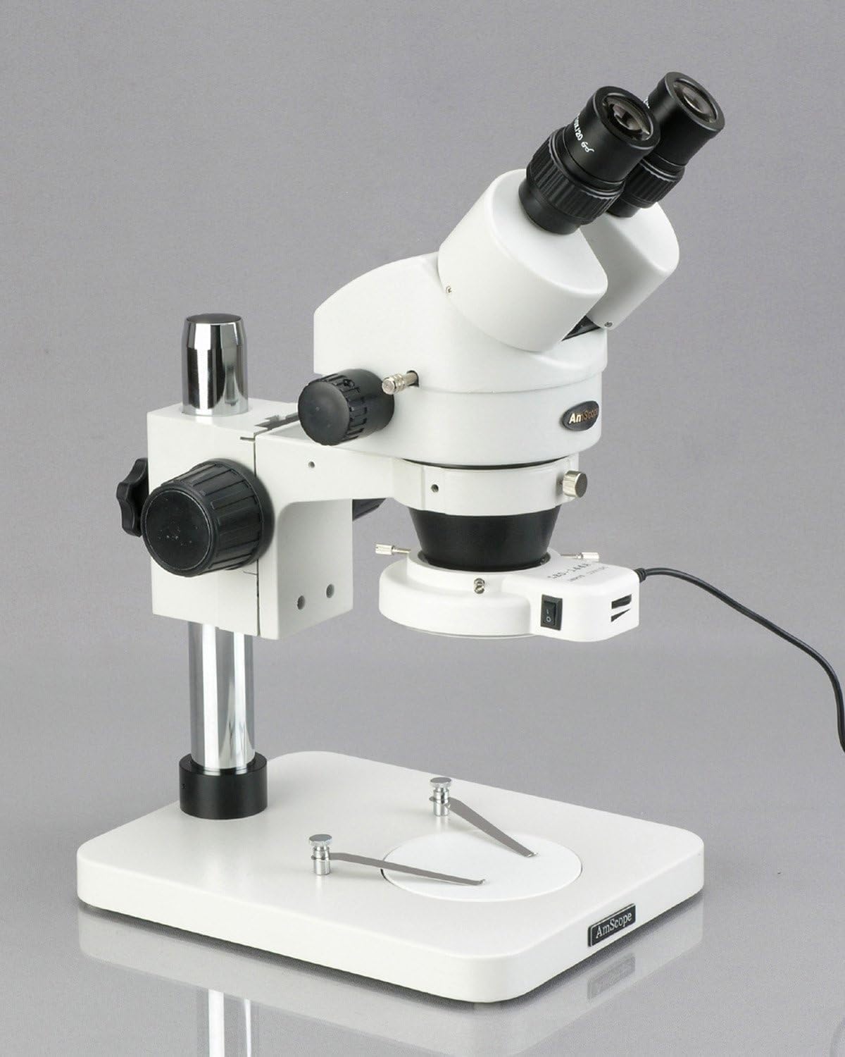 AmScope SM-1BSZ-144S Professional Binocular Stereo Zoom Microscope, WH10x Eyepieces, 3.5x-90x Magnification, 0.7X-4.5X Zoom Objective, 144-Bulb LED Ring Light, Pillar Stand, 110V-240V, Includes 0.5x and 2.0x Barlow Lenses