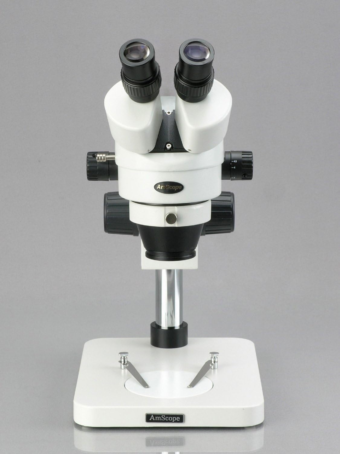 AmScope SM-1BSZ-144S Professional Binocular Stereo Zoom Microscope, WH10x Eyepieces, 3.5x-90x Magnification, 0.7X-4.5X Zoom Objective, 144-Bulb LED Ring Light, Pillar Stand, 110V-240V, Includes 0.5x and 2.0x Barlow Lenses