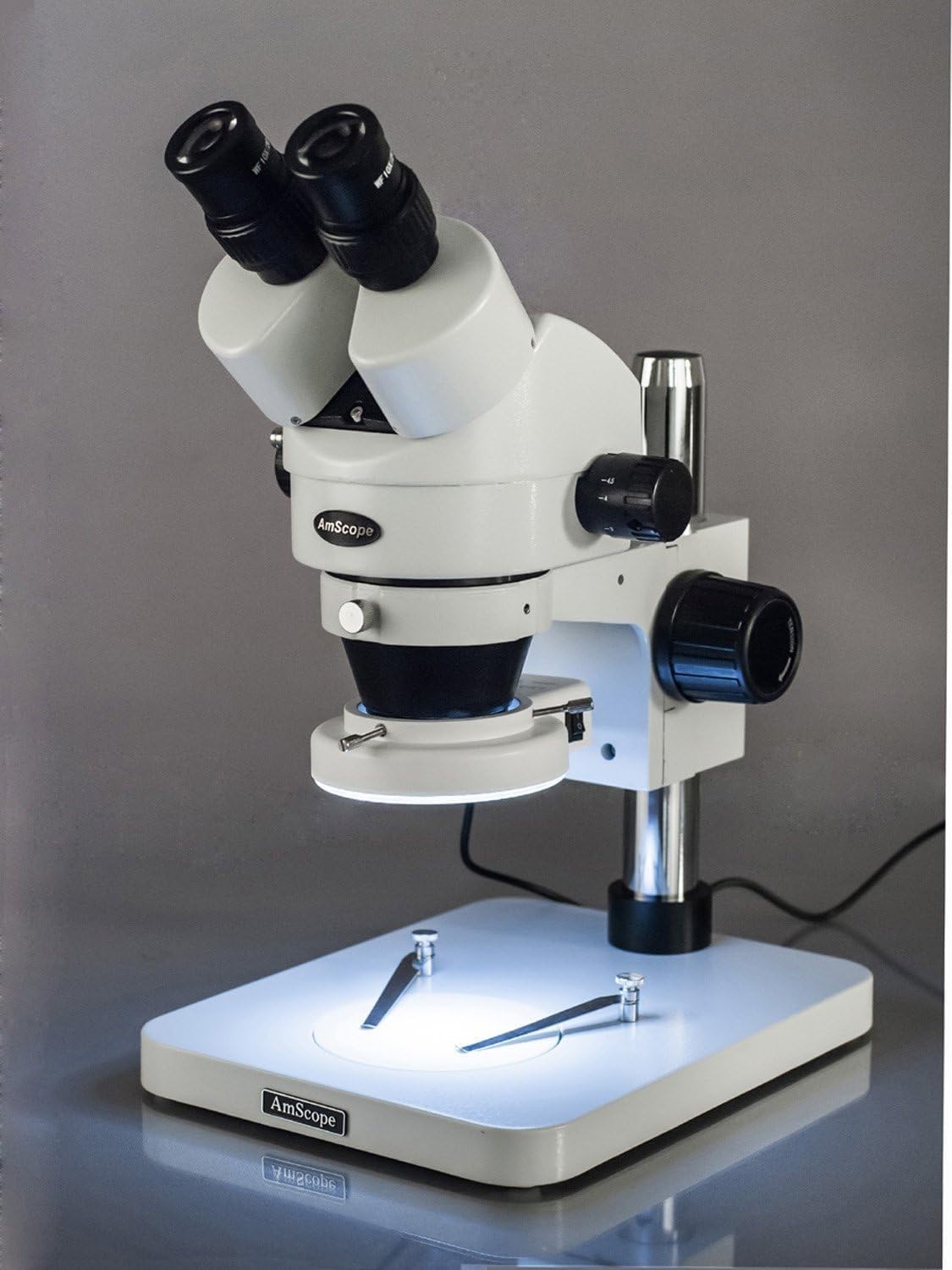 AmScope SM-1BSZ-144S Professional Binocular Stereo Zoom Microscope, WH10x Eyepieces, 3.5x-90x Magnification, 0.7X-4.5X Zoom Objective, 144-Bulb LED Ring Light, Pillar Stand, 110V-240V, Includes 0.5x and 2.0x Barlow Lenses