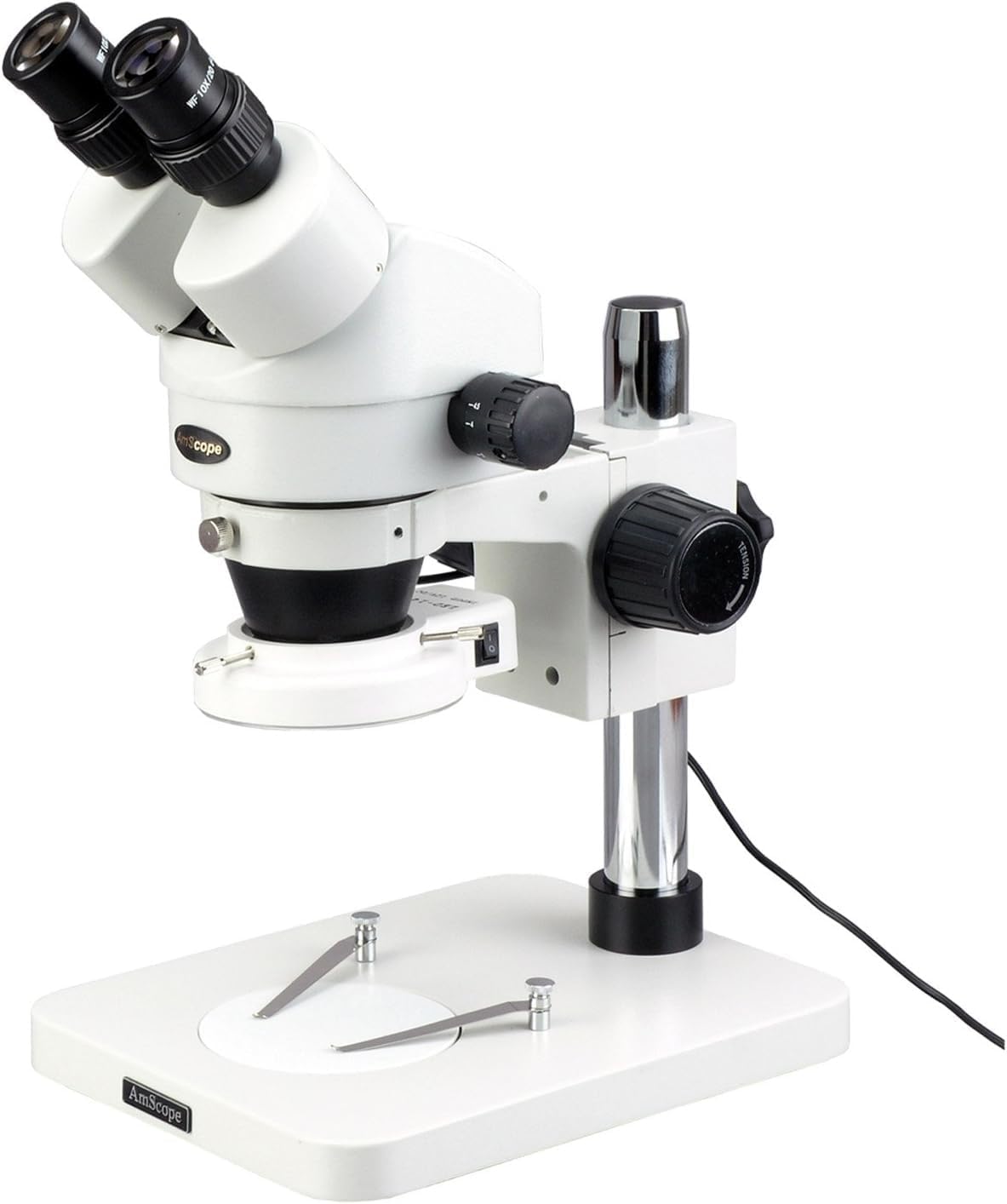 AmScope SM-1BSZ-144S Professional Binocular Stereo Zoom Microscope, WH10x Eyepieces, 3.5x-90x Magnification, 0.7X-4.5X Zoom Objective, 144-Bulb LED Ring Light, Pillar Stand, 110V-240V, Includes 0.5x and 2.0x Barlow Lenses
