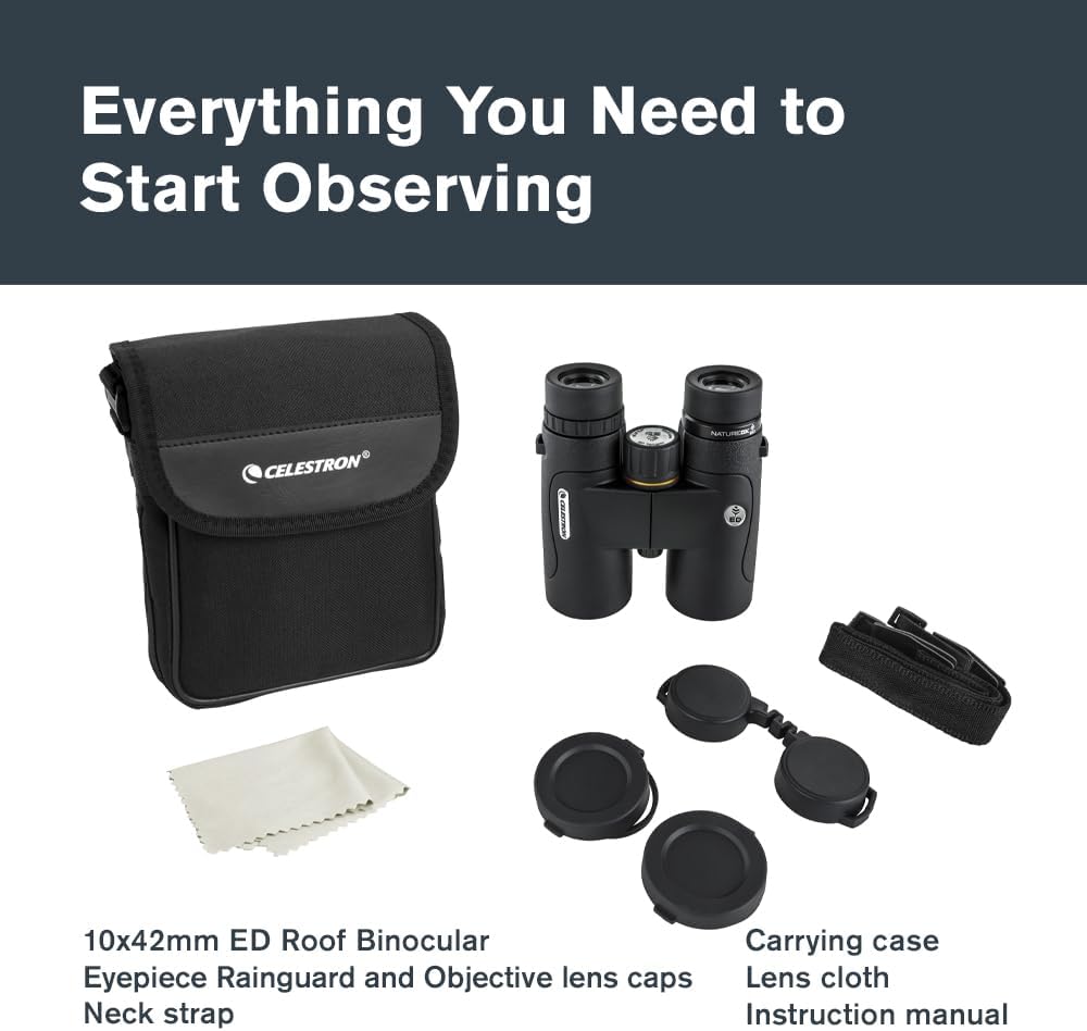 Celestron–Nature DX ED 10x42 Premium Binoculars –Extra-Low Dispersion Objective Lenses –Outdoor and Birding Binocular–Fully Multi-Coated with BaK-4 Prisms–Rubber Armored – Fog  Waterproof Binoculars