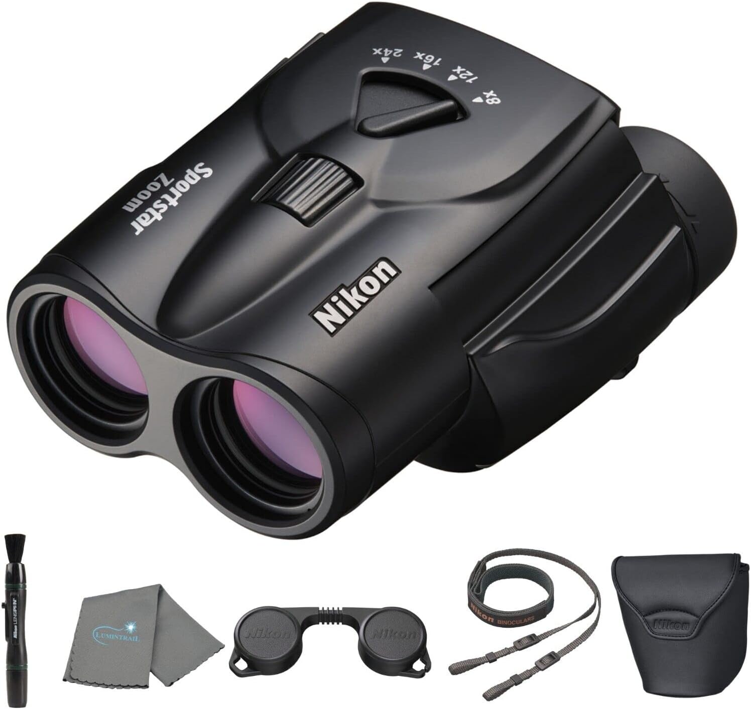 Sport Star Zoom 8-24x25 (16736) Small Black Binocular Bundle with Lens Pen and Cleaning Cloth | Adult Binoculars for Sports Watching, Birding, Hiking and Outdoors, Zoom Travel