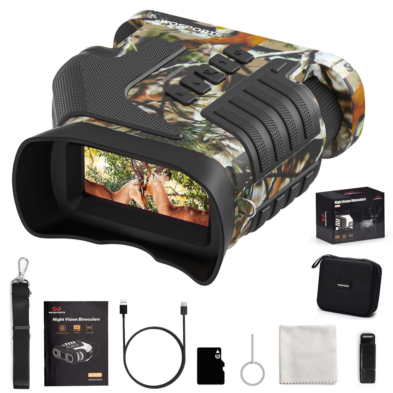WOSPORTS Night Vision Binoculars, 1315FT 4K Night Vision Goggles for Adults, 10X Optical Zoom, 8X Digital Zoom, Rechargeable NVG with 3 Screen and 32GB TF Card - Bird Watching, Hunting, Photo, Video