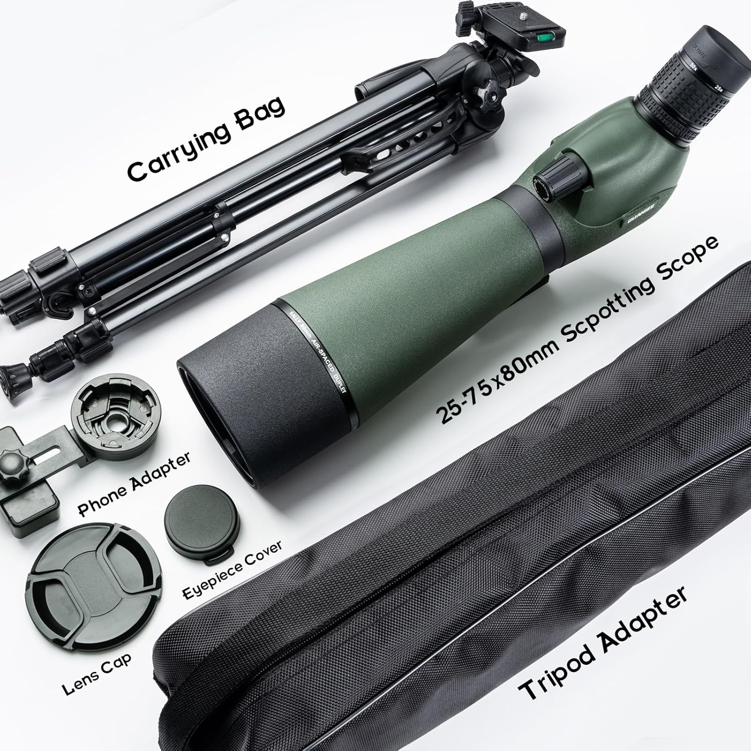 25-75x80 Spotting Scope for Target Shooting with Upgraded Tripod Carrying Bag and Phone Adapter Spotter Scope for Bird Watching, Wildlife Viewing Camo