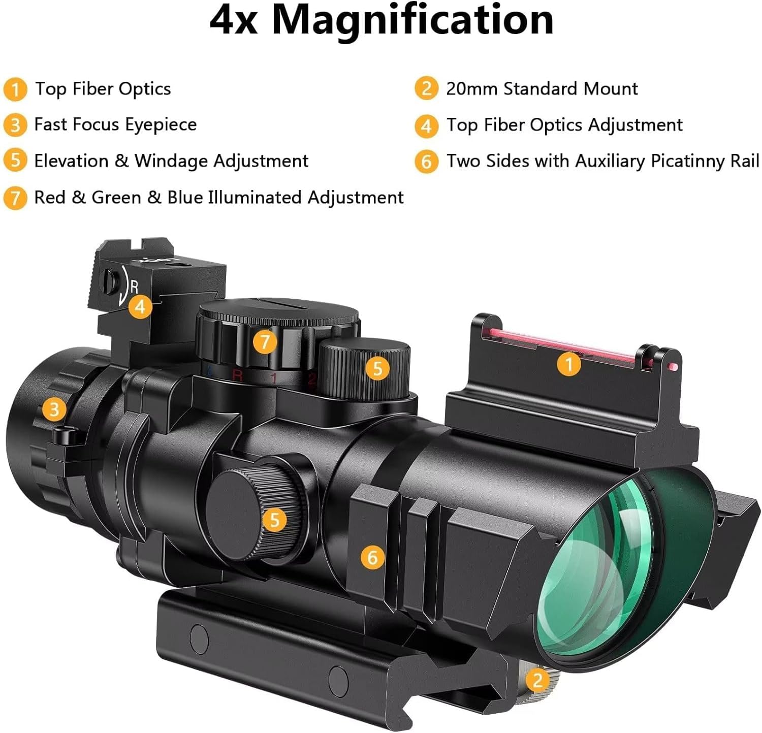 CVLIFE 4x32 Prism Tactical Rifle Scope Red  Green  Blue Illuminated Reticle Scope with Fiber Optic Sight