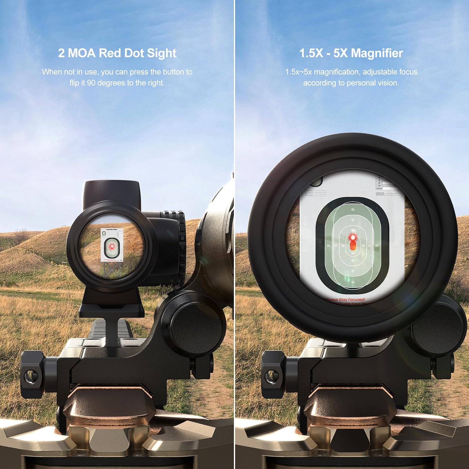 Feyachi Red Dot and Magnifier Combo with Flip-to-Side Mount, 1.5-5x Variable Zoom, 2MOA Dot, Absolute Co-Witness, 11 Brightness Settings