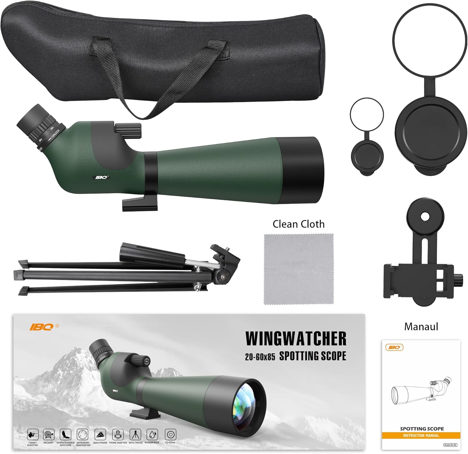 IBQ 20-60x85 Spotting Scope, Spotting scopes for Target Shooting, Spotting scopes for Hunting, BAK4 High Definition Waterproof Spotter Scopes for Bird Watching,with Tripod