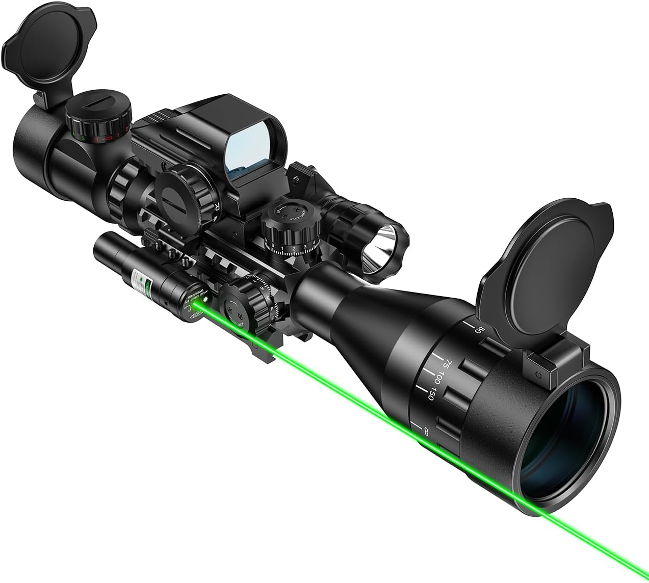 MidTen 4-16x50 AO Tactical Rifle Scope Dual Illuminated Optics  Illuminated Reflex Sight 4 Holographic Reticle Red/Green Dot Sight  Laser Sight  Flashlight