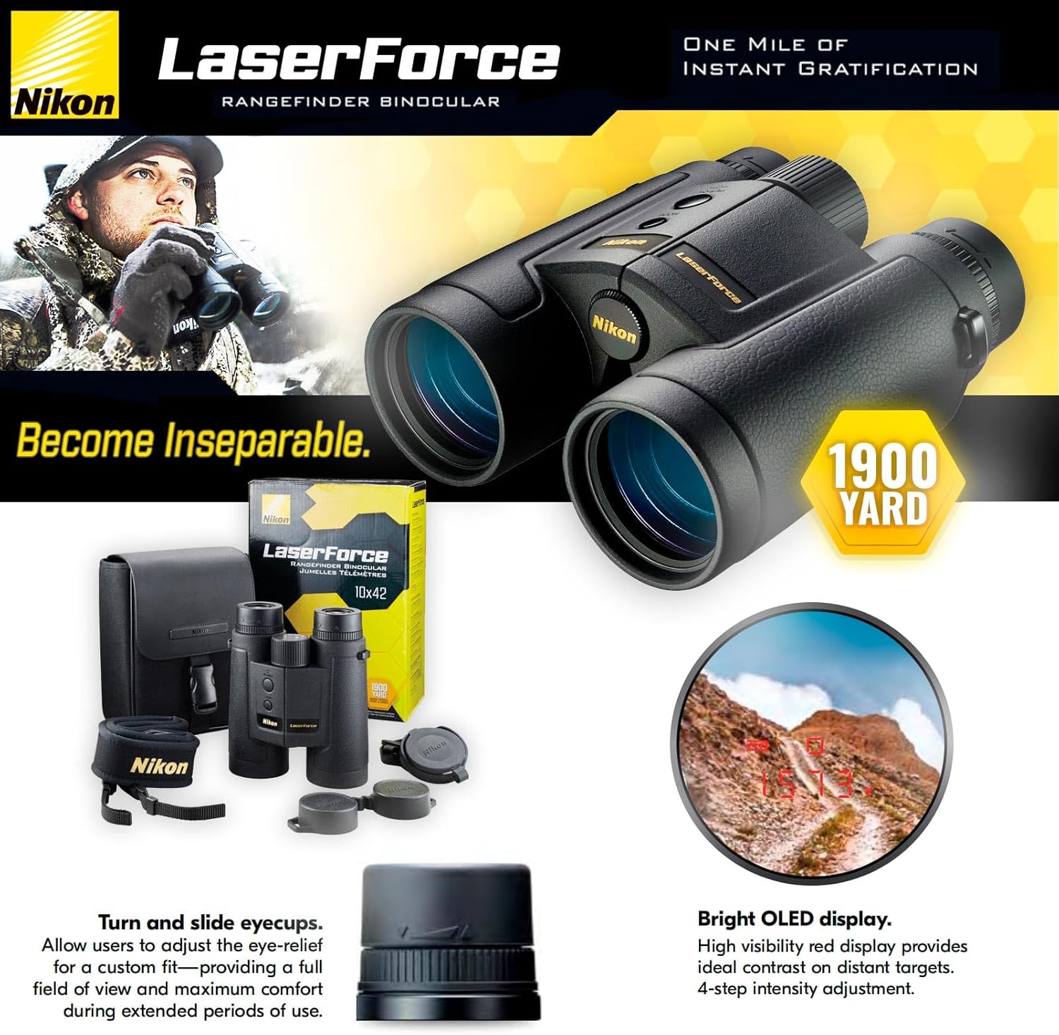 Nikon LaserForce 10x42 Rangefinder Binocular - 10-1900 Yard Range Waterproof Fogproof Precision Distance Measuring Hunting Binoculars - Fully Multicoated Lenses, Bright Display - Tripod Adaptable Nikon LaserForce 10x42 Rangefinder Binocular - 10-1900 Yard Range Waterproof Fogproof Precision Distance Measuring Hunting Binoculars - Fully Multicoated Lenses, Bright Display - Tripod Adaptable