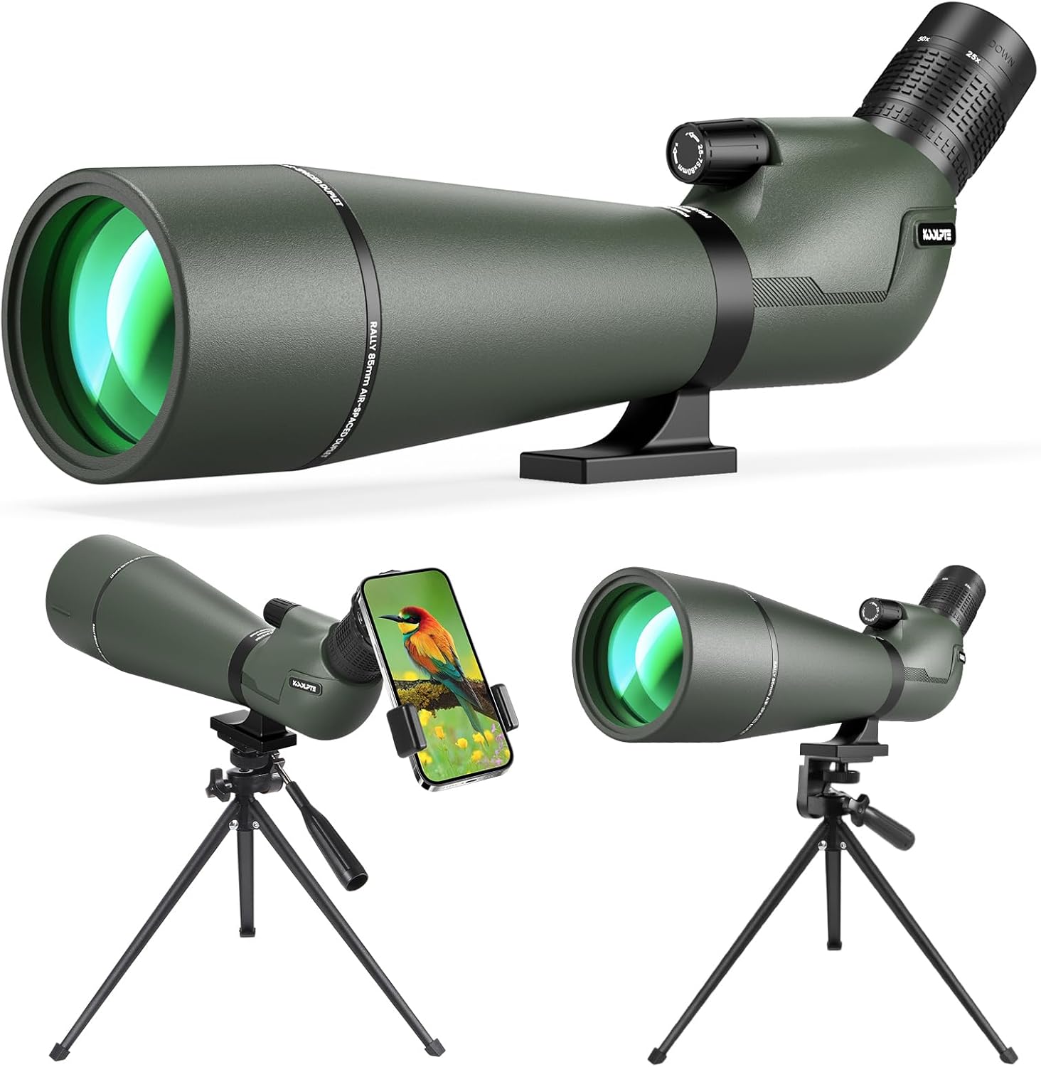 Spotting Scope 25-75x85 with Phone Adapter, Tripod  Carrying Bag -Fully Multi-Coated Optics,BAK4 High Definition Waterproof Spotter Scope for Birding,Wildlife Viewing,Outdoor Observation,Green