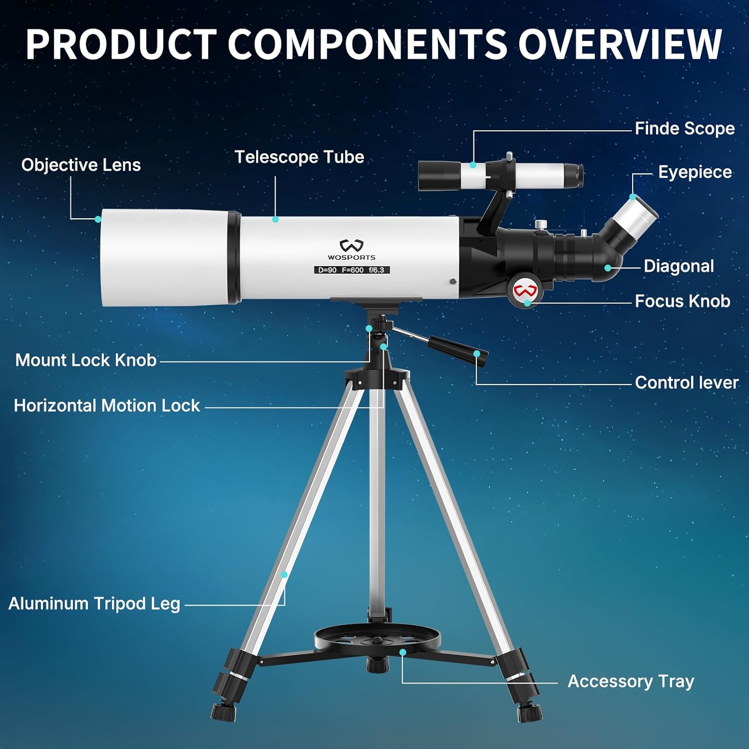 Wosports Telescope for Adults High Powered, 90mm Aperture 600mm Portable Professional Refractor Telescope for Beginners, Magnification 180X, with Stable Adjustable Tripod, Phone Adapter, Carry Bag