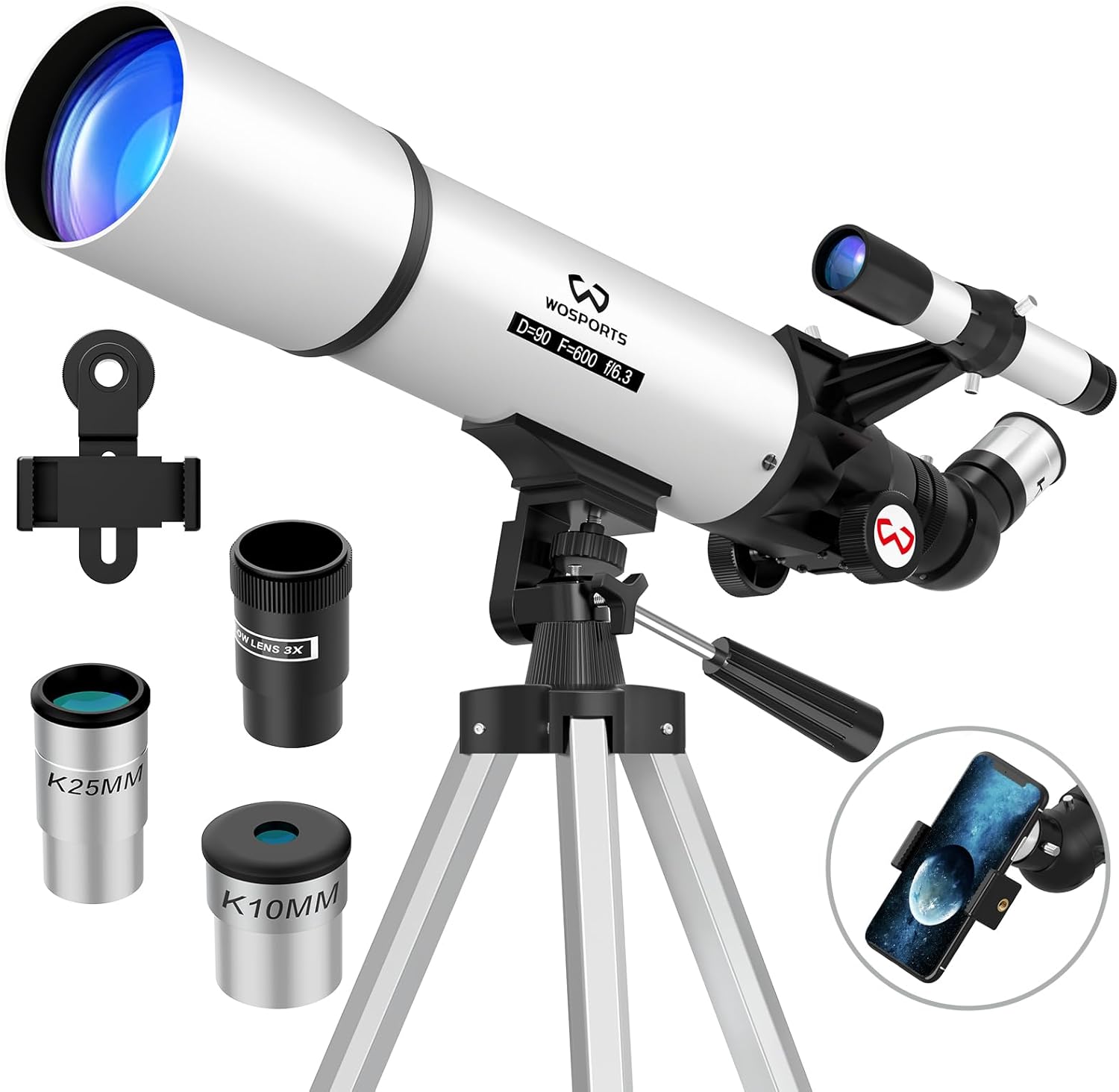 Wosports Telescope for Adults High Powered, 90mm Aperture 600mm Portable Professional Refractor Telescope for Beginners, Magnification 180X, with Stable Adjustable Tripod, Phone Adapter, Carry Bag