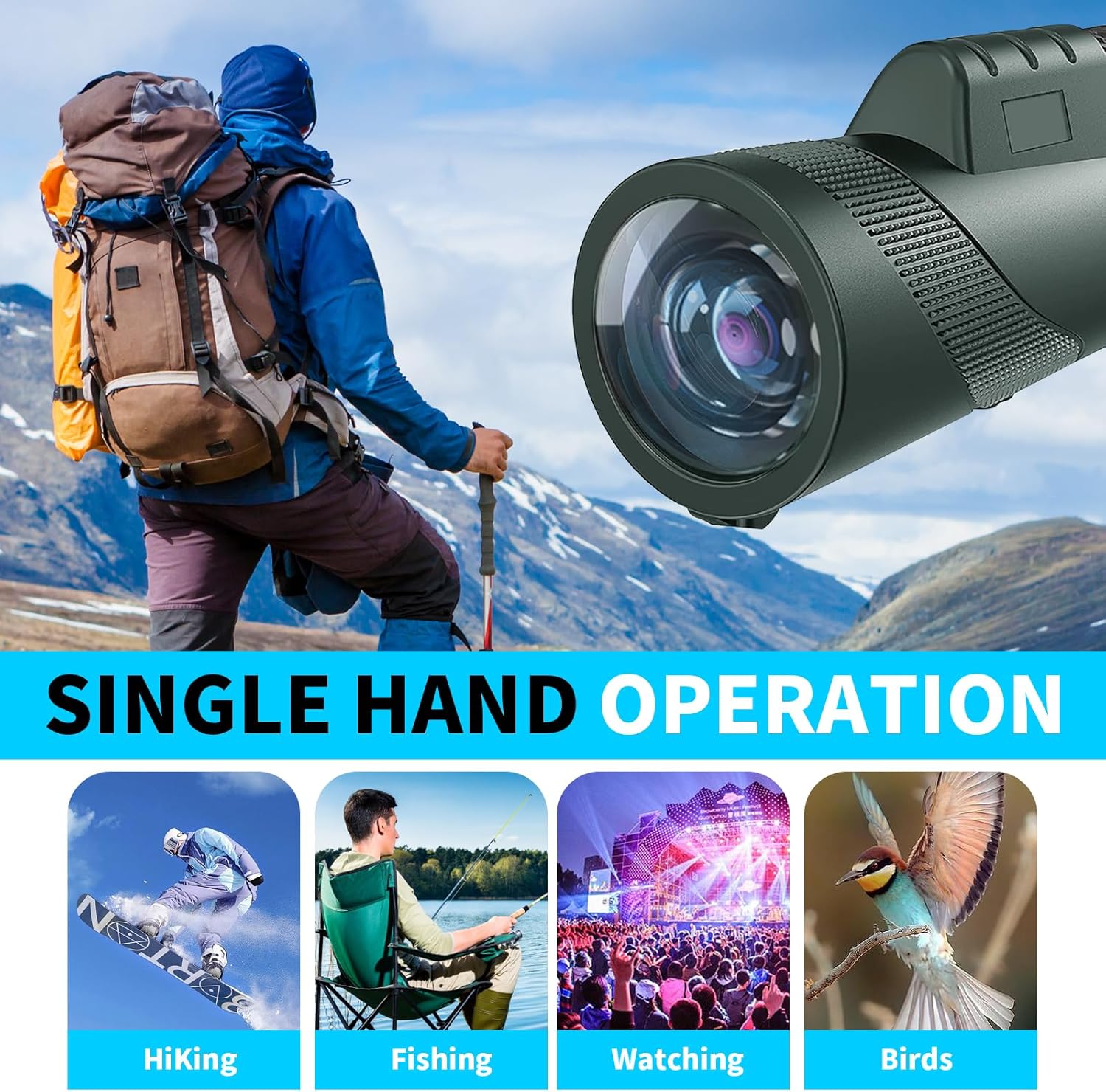 10X42 HD Monocular for Adults, Military Grade Compact Monocular Telescope with BAK-4 Prism  FMC Lens  Smartphone Holder  Tripod, Stargazing Hunting Bird Watching, Camping Hiking Travel Accessories