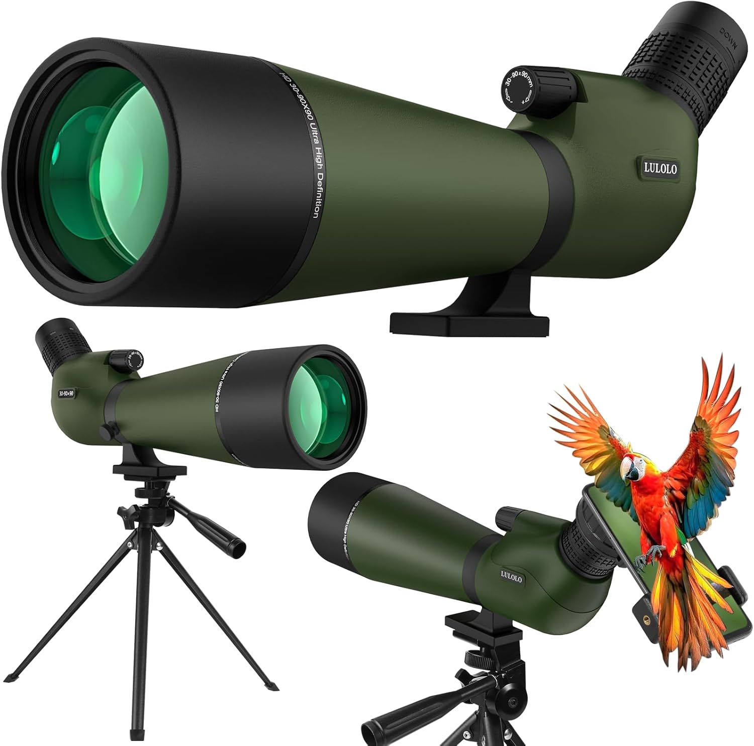 30-90x90 UHD Spotting Scope with Tripod Carrying Bag  Upgraded Phone Adapter - Super Bright BAK4 Prism Waterproof Spotting Scopes for Target Shooting, Hunting, Bird Watching, Wildlife Viewing