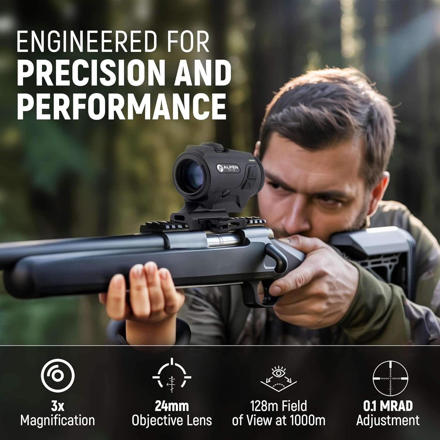 Alpen Optics Nevada LT Prism 3x24 Red Dot Sight – 3 MOA Reticle, Dynamic Dot Technology, 14 Brightness Levels, Waterproof Design, Fog-Proof Design - Engineered for Precision Performance