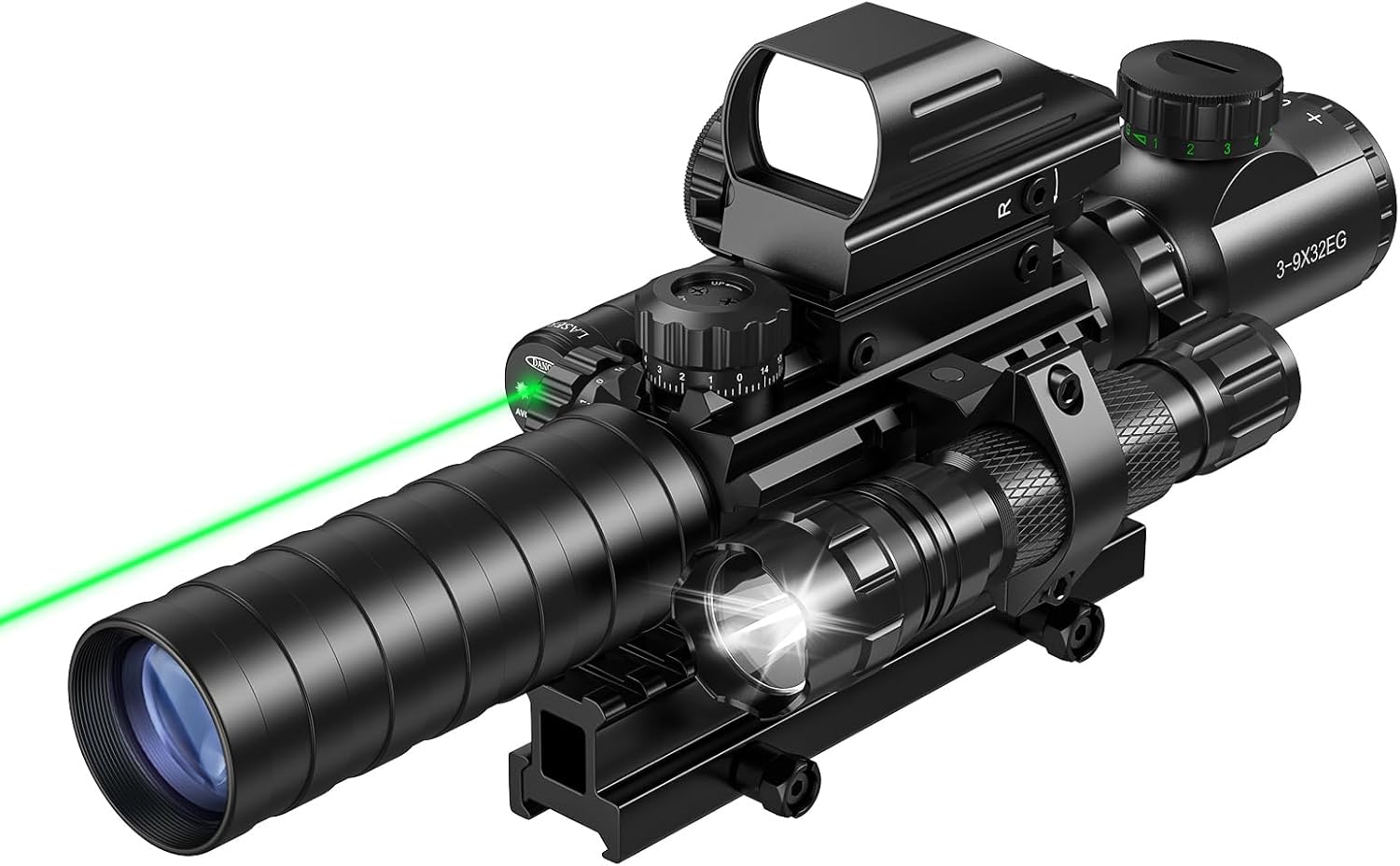 MidTen 3-9x32 Scope Combo with Dual Illuminated Scope Optics  4 Holographic Reticle Red/Green Dot Sight  IIIA/2MW Laser Sight Rangefinder Illuminated Reflex Sight  20mm Mount