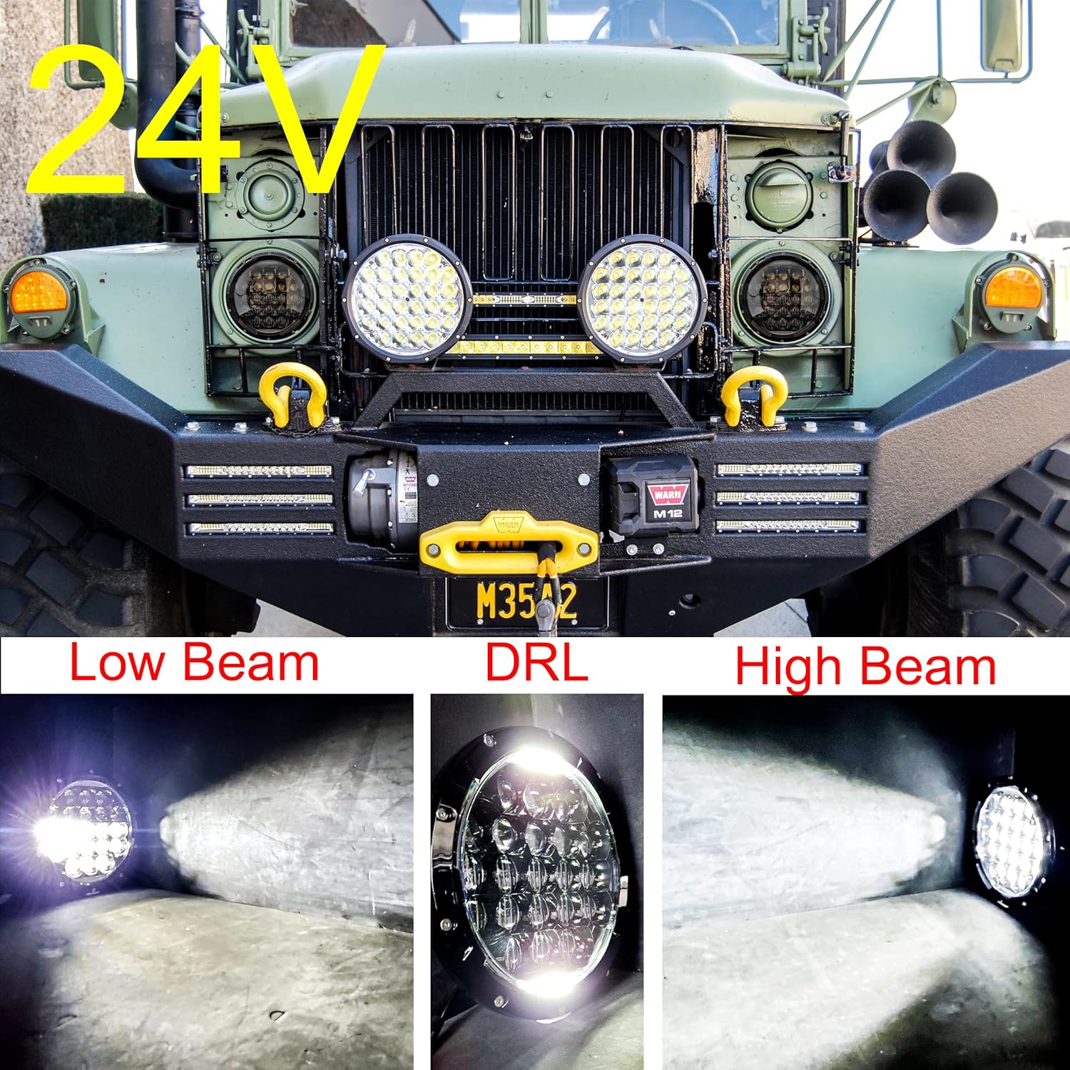 OZ-USA 7 High Output Military 4D Optic LED Headlight Hi/Lo Beam DRL 24 volts M35a2 M35 M35a3 M923 Truck HHMMWV M998 DIESEL