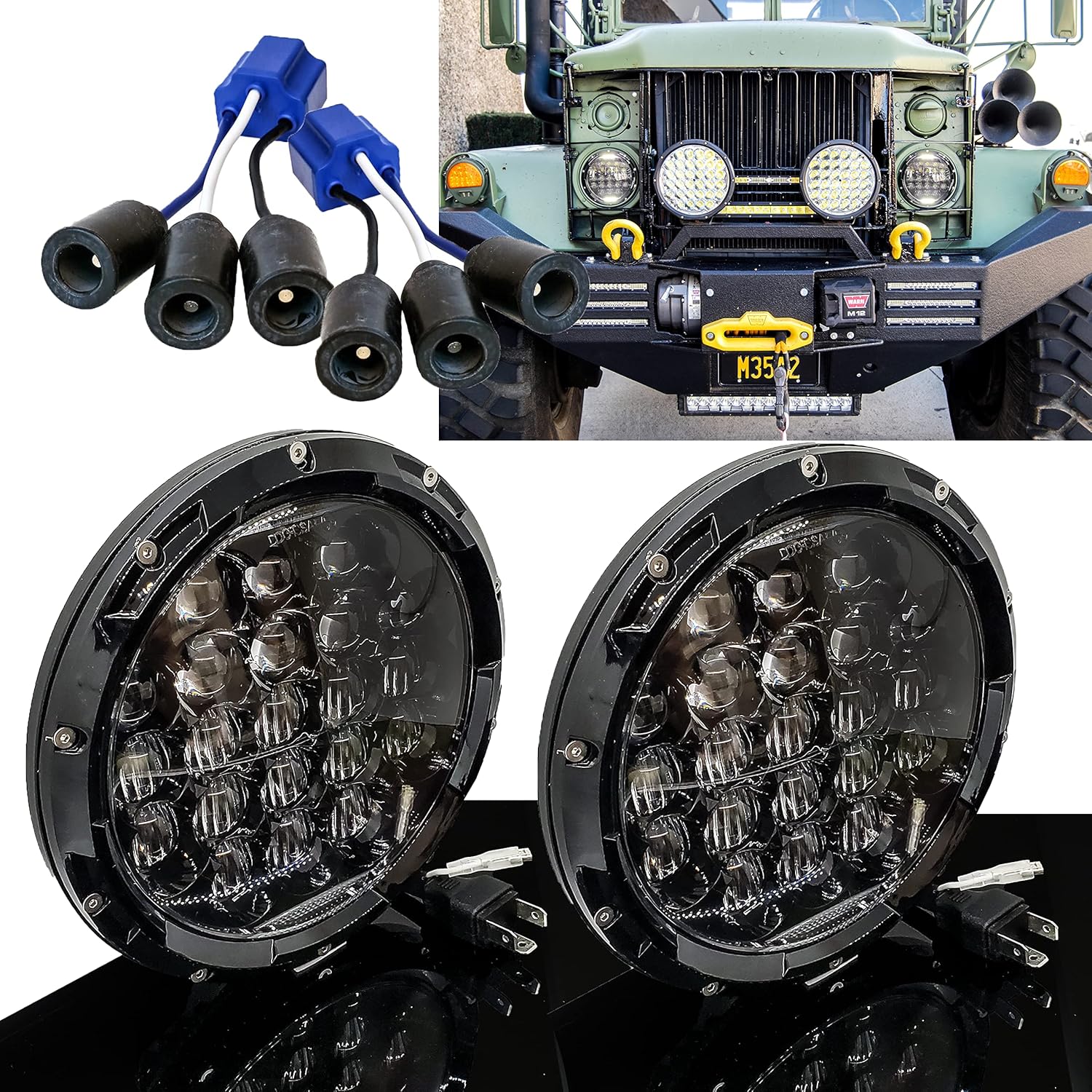 OZ-USA 7 High Output Military 4D Optic LED Headlight Hi/Lo Beam DRL 24 volts M35a2 M35 M35a3 M923 Truck HHMMWV M998 DIESEL