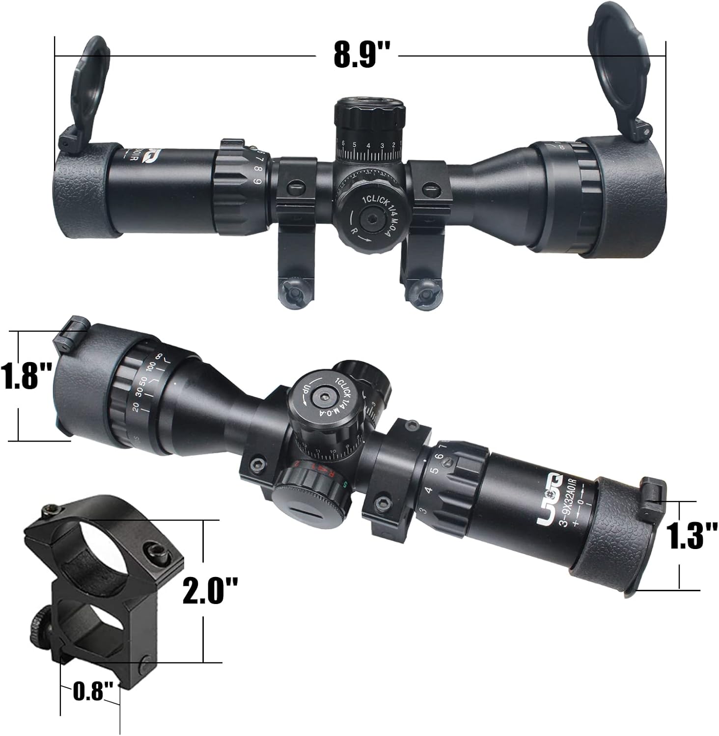 UUQ 3-9x32 Tactical Rifle Scopes,Front AO (Parallax Adjustment) Red Green Illuminated, Mil-dot Reticle,Locking/Hold Zero Turrets, High Profile Mount Rings