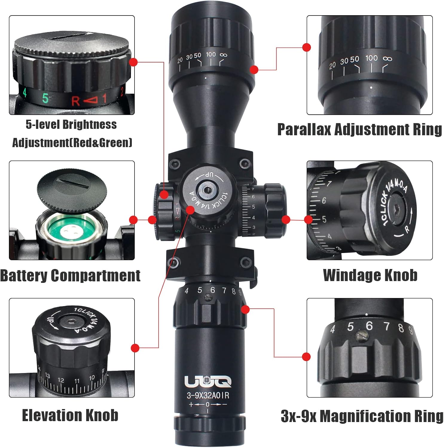 UUQ 3-9x32 Tactical Rifle Scopes,Front AO (Parallax Adjustment) Red Green Illuminated, Mil-dot Reticle,Locking/Hold Zero Turrets, High Profile Mount Rings